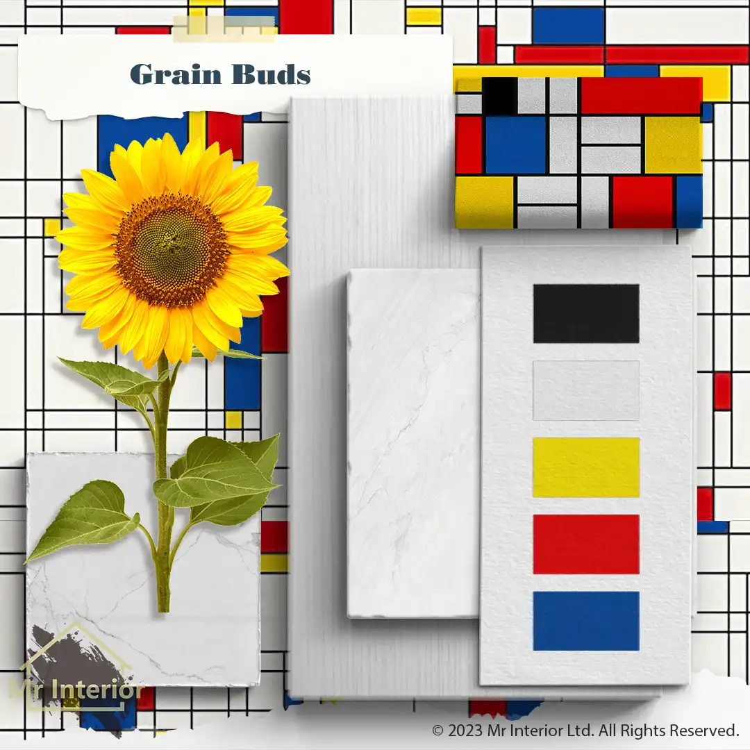 小滿-風格派設計材料板:白色木，白色紅色黃色藍色塗料，石材，皮革，瓷磚。Mr Interior室內設計、裝修、傢俬風格。