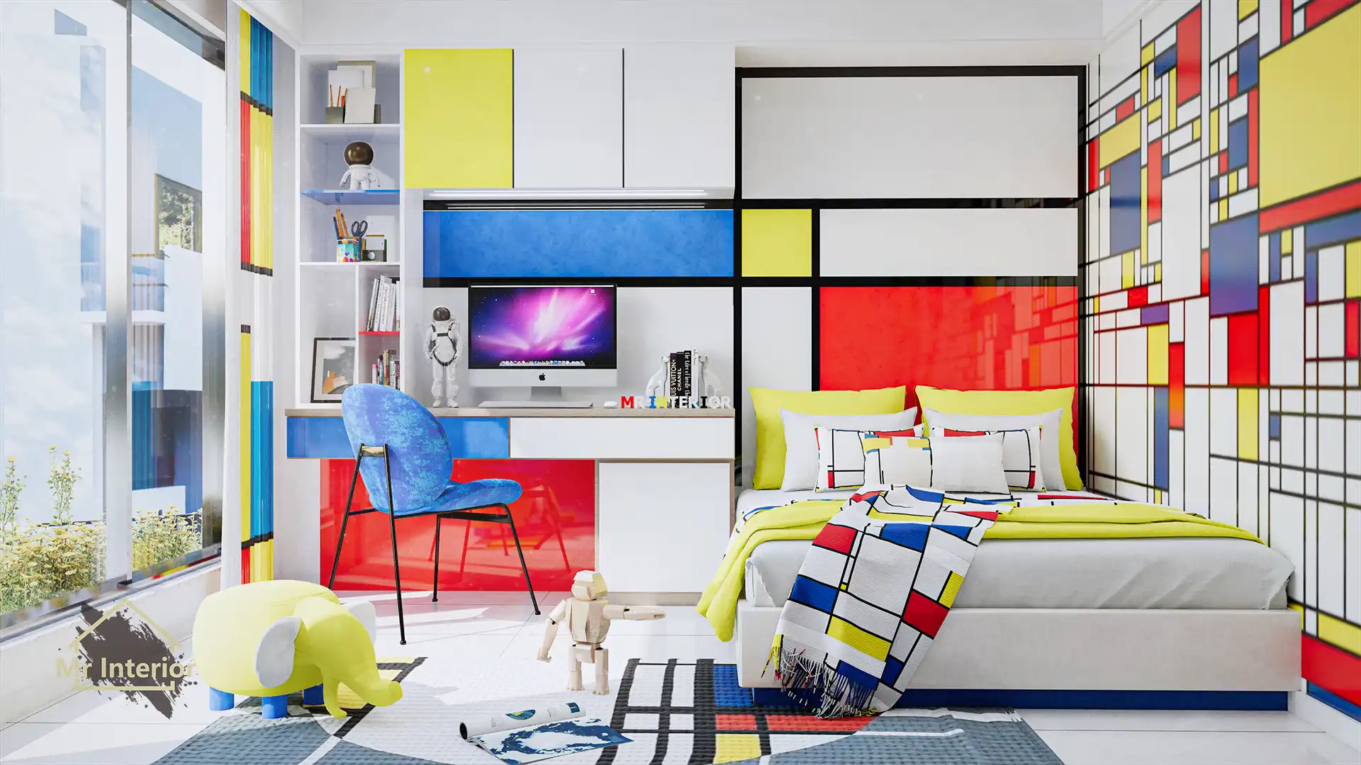 小滿-風格派設計風格房間，白色主調，紅色黃色藍色點綴。雙人床，書枱，衣櫃。Mr Interior室內設計、裝修、傢俬風格。