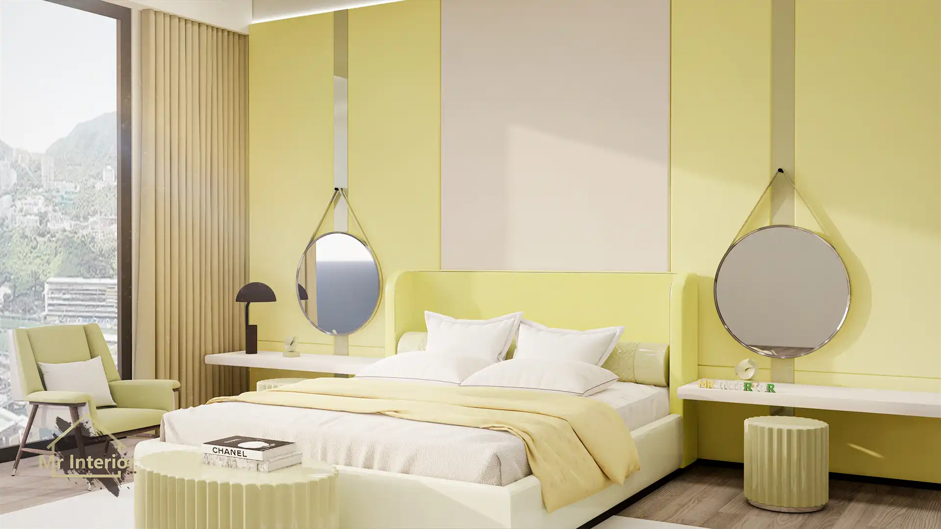 雙子座設計風格房間，黃色主調，白色點綴。雙人床，特色牆，衣櫃。Mr Interior室內設計、裝修、傢俬風格。