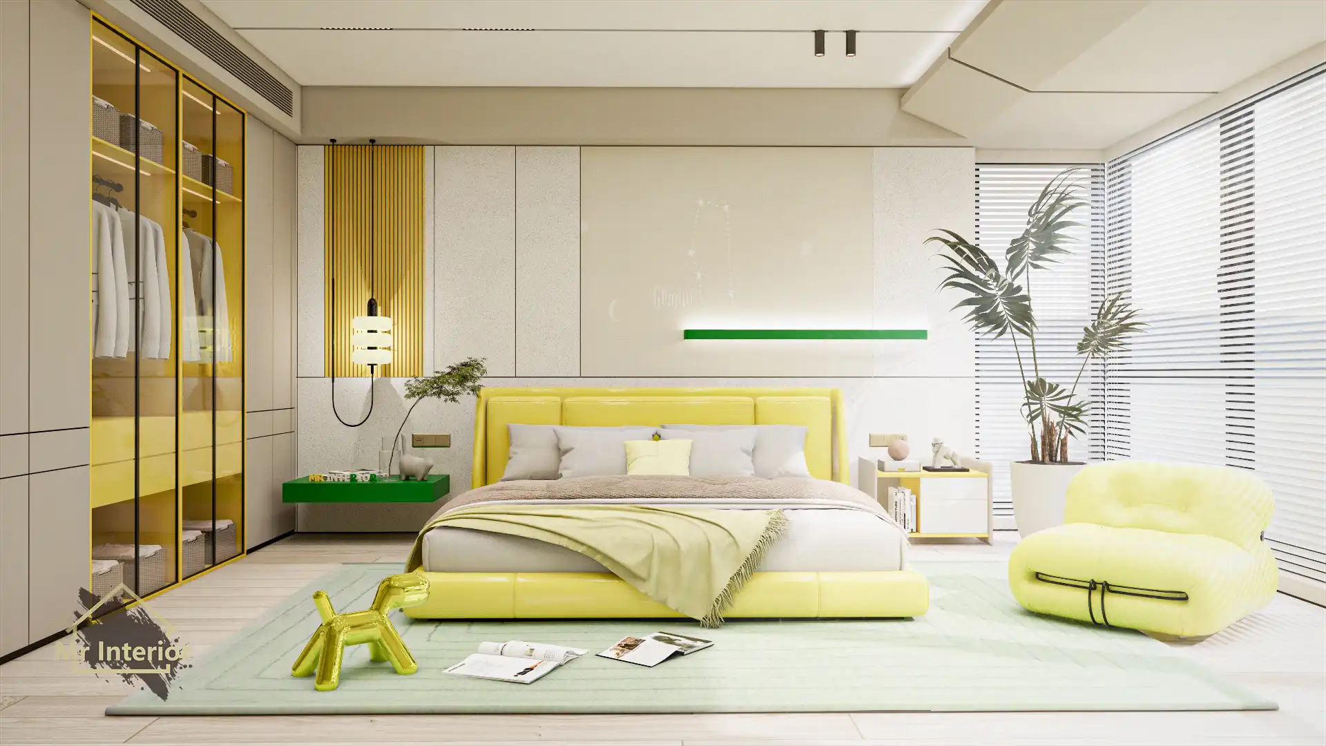 雙子座設計風格房間，白色主調，黃色綠色點綴。雙人床，特色牆，衣櫃。Mr Interior室內設計、裝修、傢俬風格。