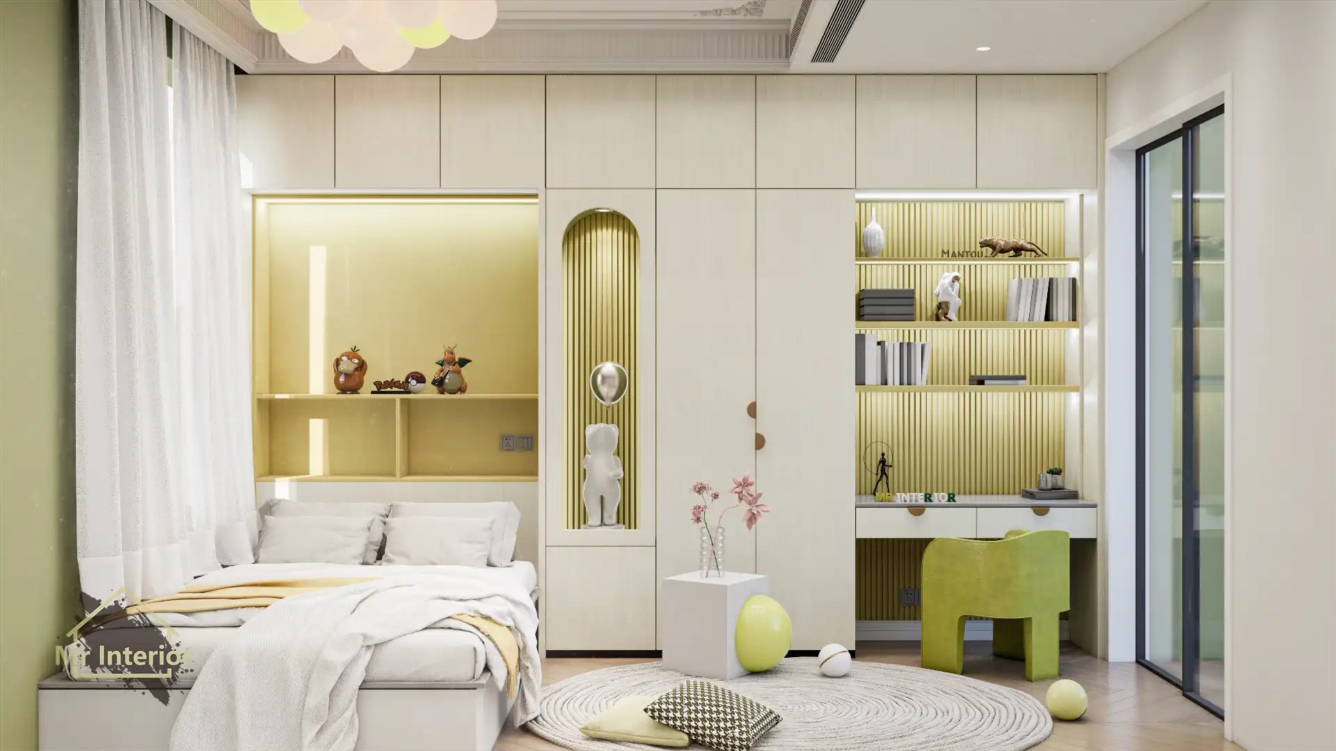 雙子座設計風格房間，白色主調，黃色點綴。雙人床，特色牆，衣櫃。Mr Interior室內設計、裝修、傢俬風格。