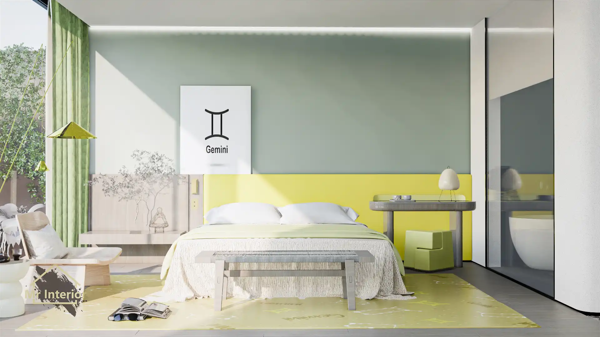 雙子座設計風格房間，白色主調，黃色綠色點綴。雙人床，特色牆，衣櫃。Mr Interior室內設計、裝修、傢俬風格。