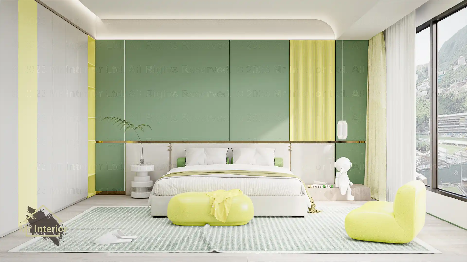 雙子座設計風格房間，綠色主調，黃色白色點綴。雙人床，特色牆，衣櫃。Mr Interior室內設計、裝修、傢俬風格。