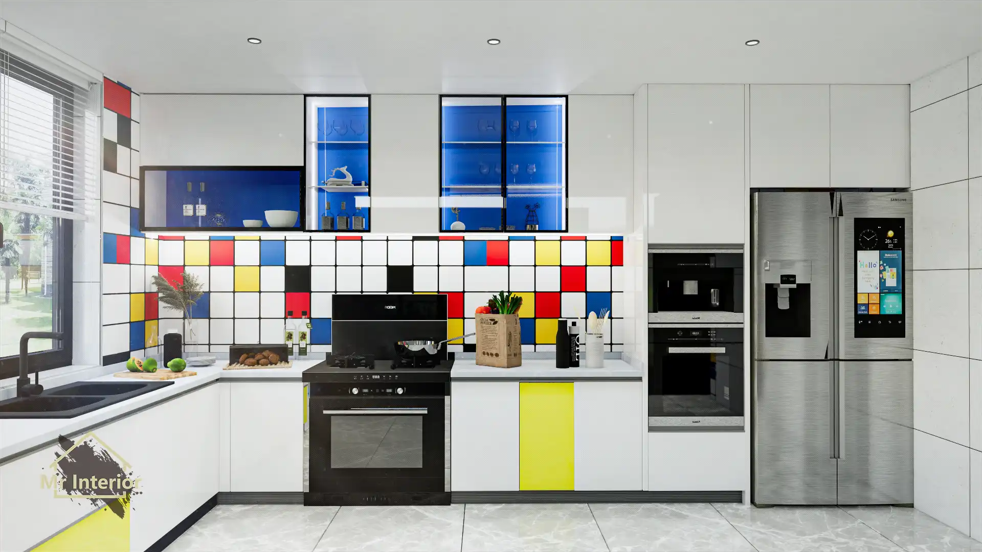 風格派設計風格廚房，白色主調，紅色黃色藍色點綴。廚櫃，地櫃，吊櫃，石面。Mr Interior室內設計、裝修、傢俬風格。