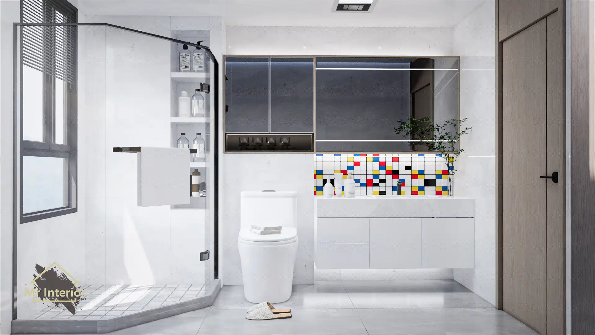 風格派設計風格浴室，白色主調，紅色黃色藍色點綴。浴室櫃，鏡櫃，企缸。Mr Interior室內設計、裝修、傢俬風格。