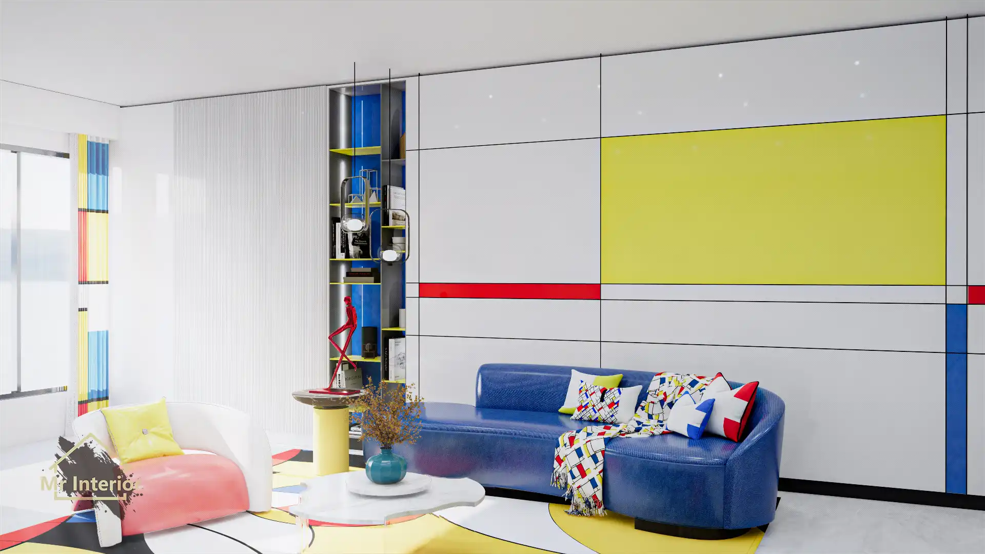 風格派設計風格客廳，白色主調，紅色黃色藍色點綴。特色牆，梳化，地毯。Mr Interior室內設計、裝修、傢俬風格。