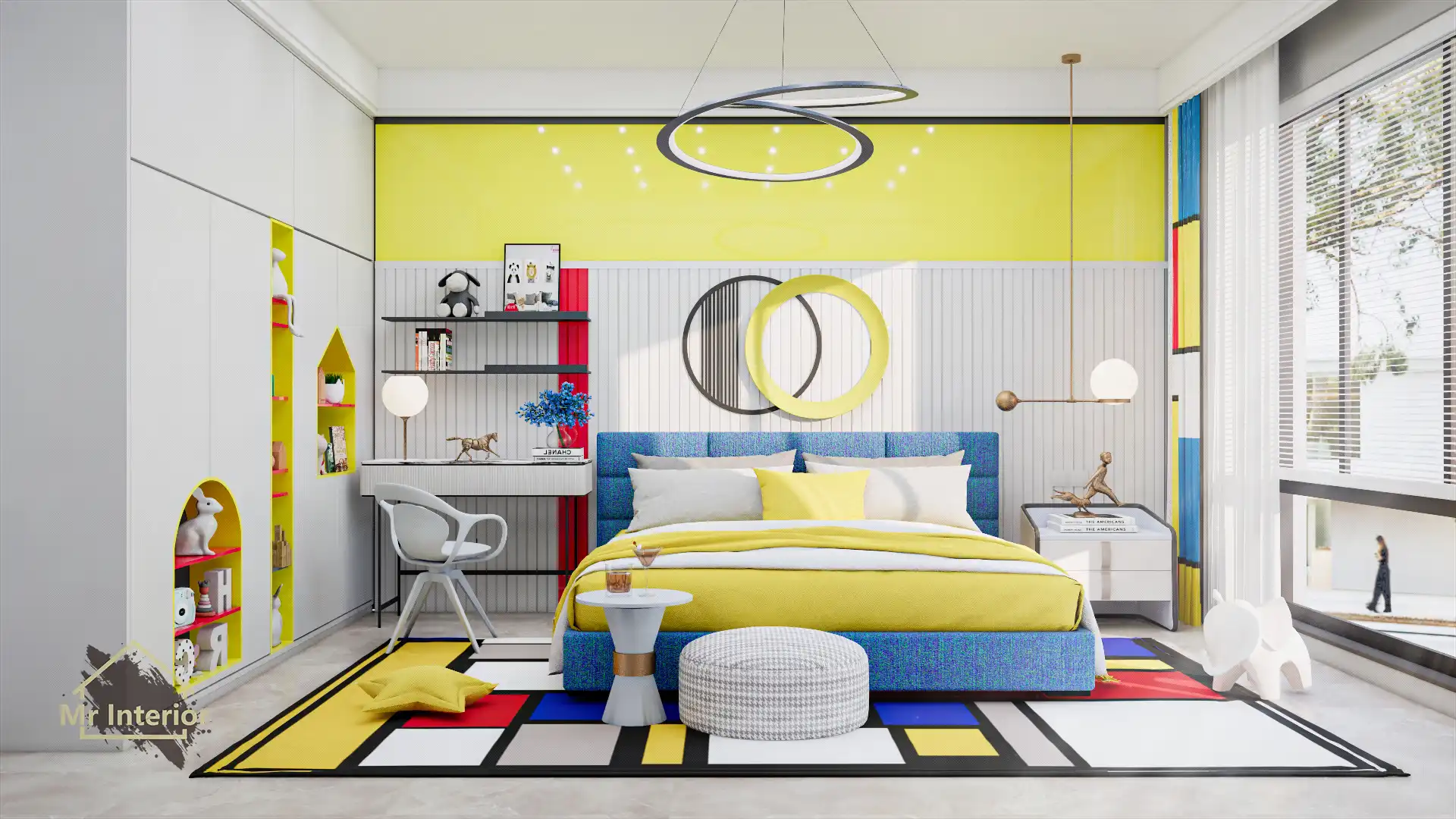 風格派設計風格房間，白色主調，紅色黃色藍色點綴。雙人床，書枱，衣櫃。Mr Interior室內設計、裝修、傢俬風格。