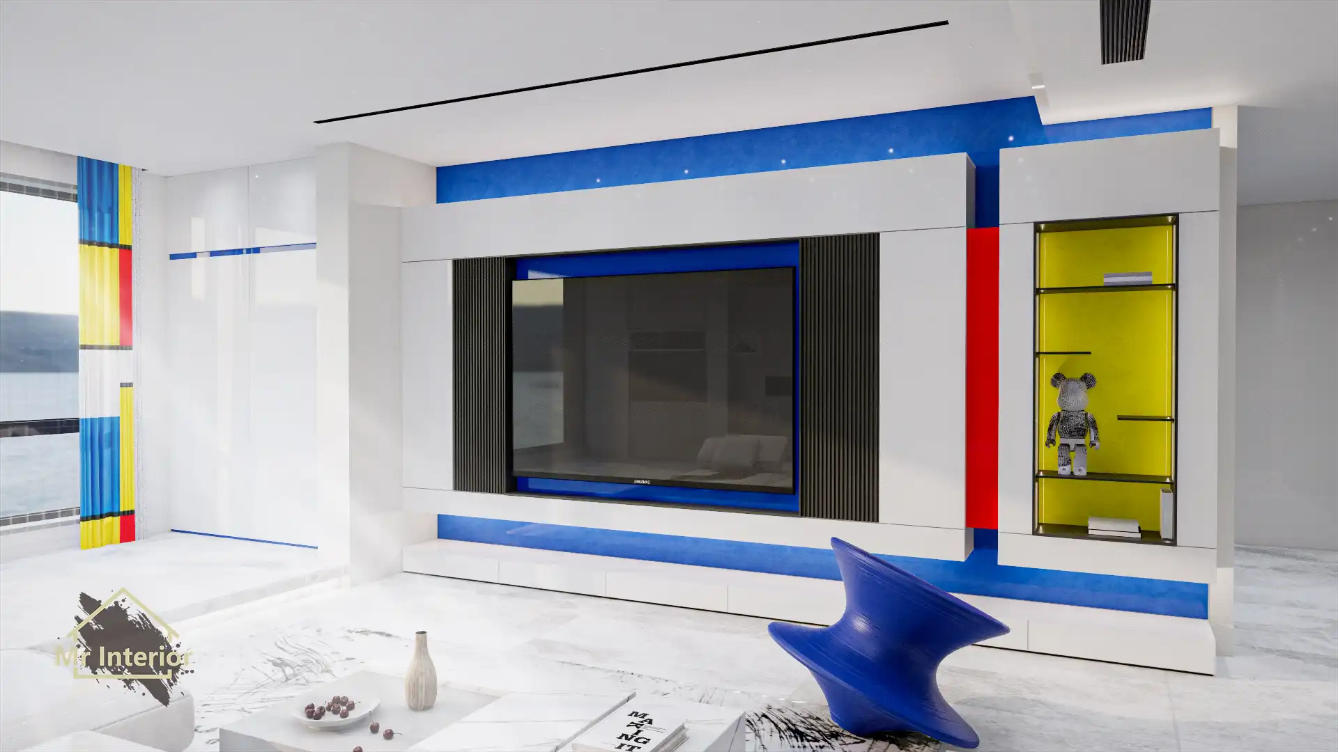 風格派設計風格客廳，白色主調，紅色黃色藍色點綴。電視櫃，特色牆，梳化。Mr Interior室內設計、裝修、傢俬風格。