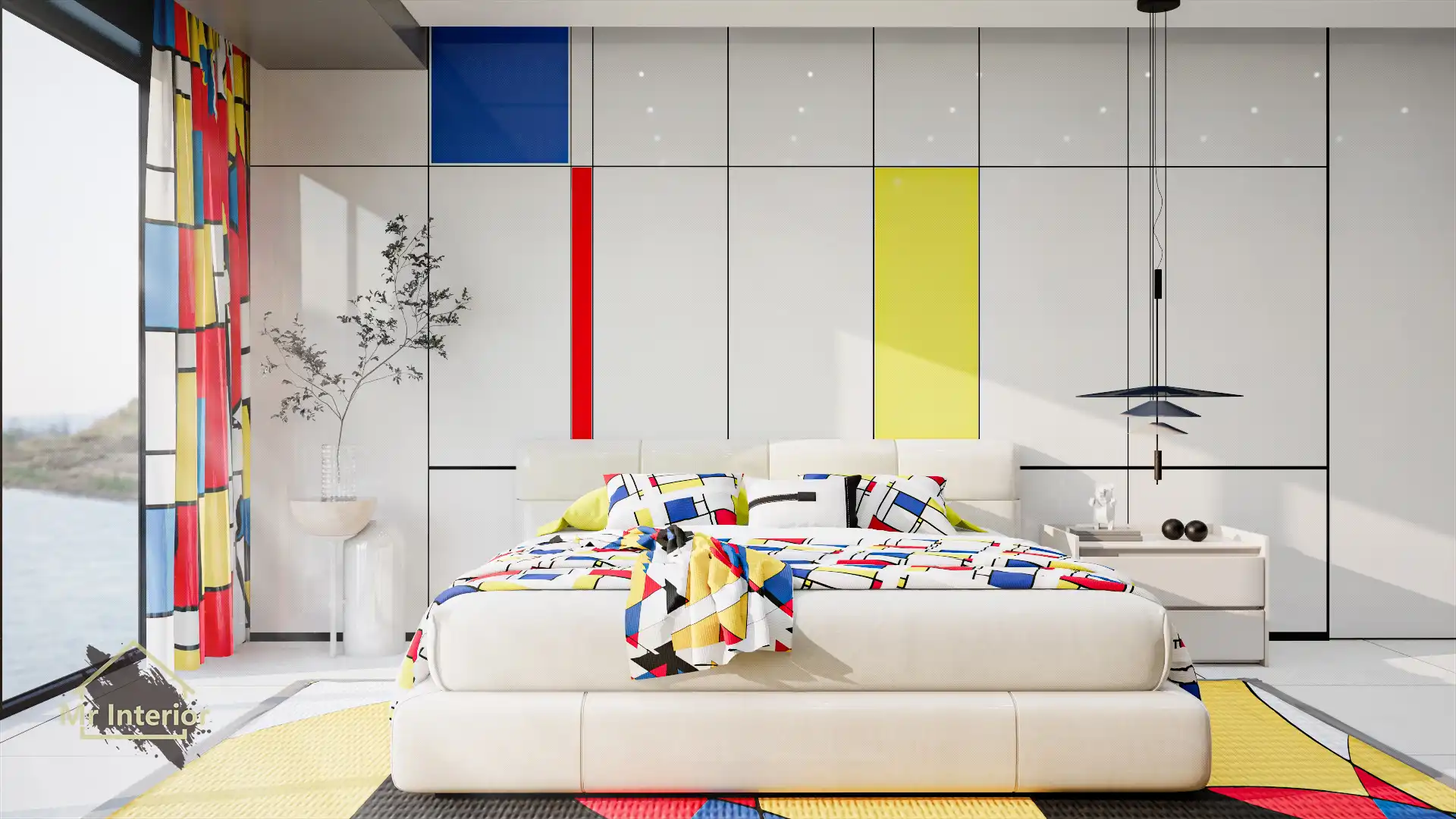 風格派設計風格主人房，白色主調，紅色黃色藍色點綴。雙人床，特色牆。Mr Interior室內設計、裝修、傢俬風格。