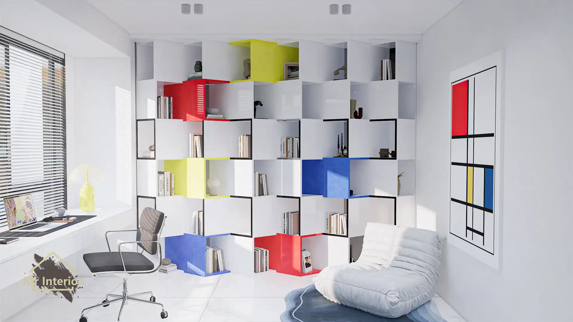 風格派設計風格書房，白色主調，紅色黃色藍色點綴。書櫃，書枱，組合櫃。Mr Interior室內設計、裝修、傢俬風格。