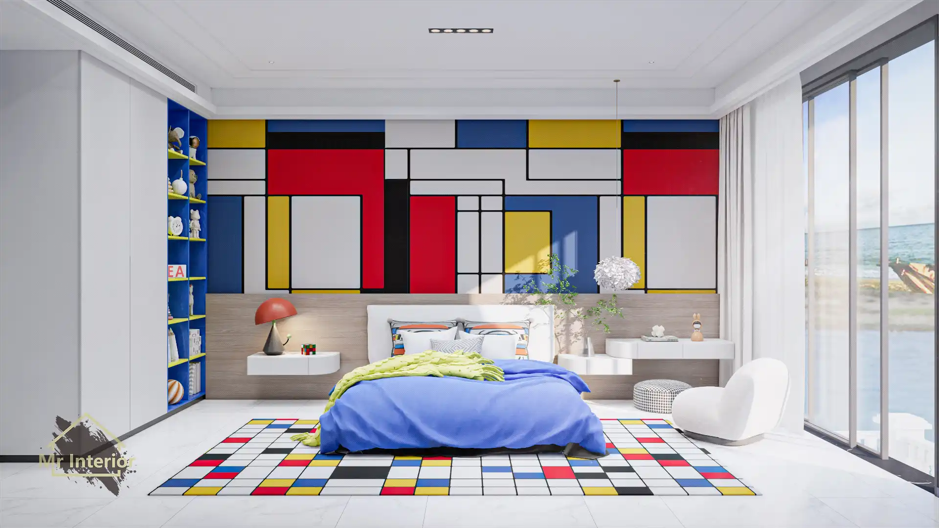 風格派設計風格兒童房，白色主調，紅色黃色藍色點綴。床，衣櫃，床頭櫃。Mr Interior室內設計、裝修、傢俬風格。