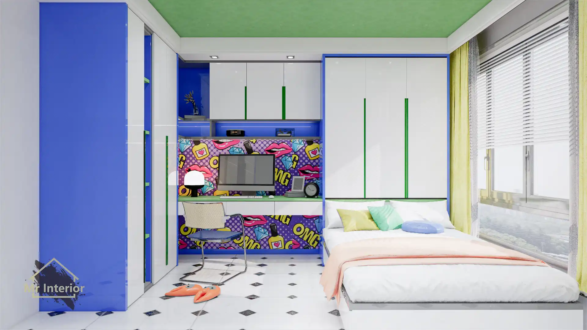 普普風設計風格房間，白色主調，彩色點綴。雙人床，書枱，衣櫃，書櫃。Mr Interior室內設計、裝修、傢俬風格。