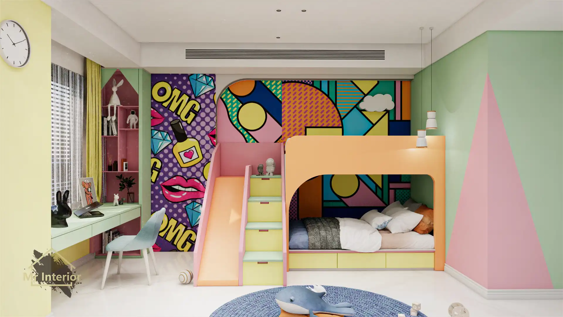 普普風設計風格兒童房，彩色主調，黃色點綴。兒童床，書枱，櫃桶，椅子。Mr Interior室內設計、裝修、傢俬風格。