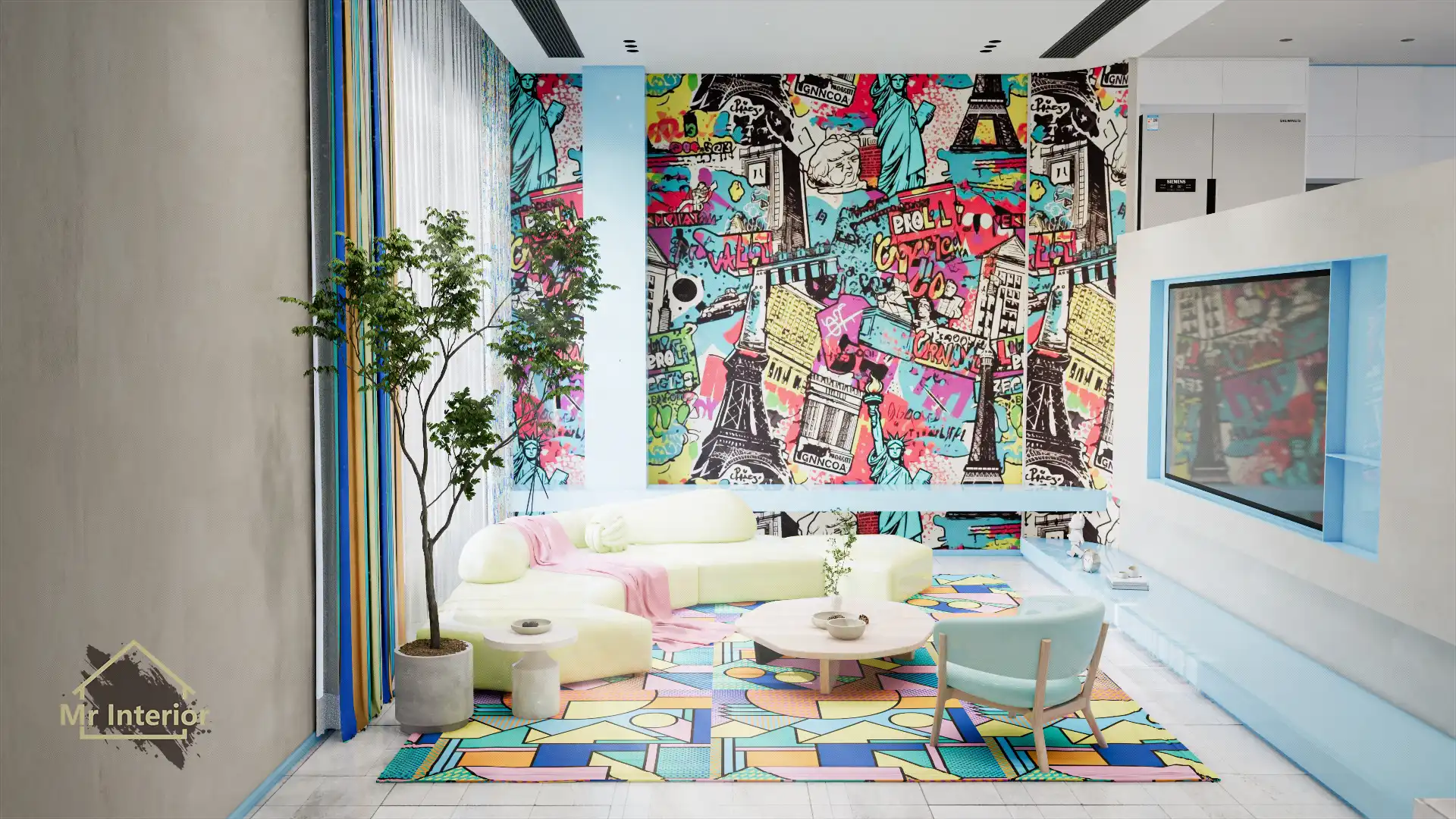 普普風設計風格客廳，彩色主調，藍色點綴。電視櫃，特色牆，梳化，地毯。Mr Interior室內設計、裝修、傢俬風格。