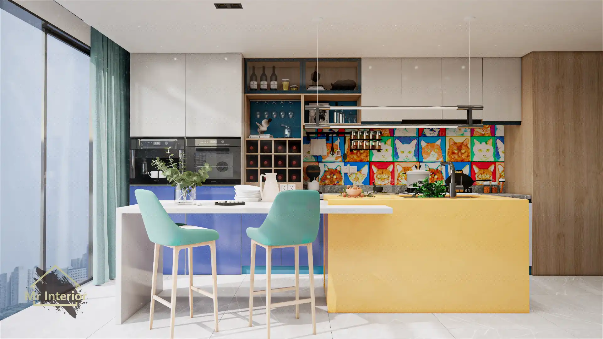 普普風設計風格廚房，藍色主調，黃色點綴。廚櫃，地櫃，吊櫃，石面。Mr Interior室內設計、裝修、傢俬風格。