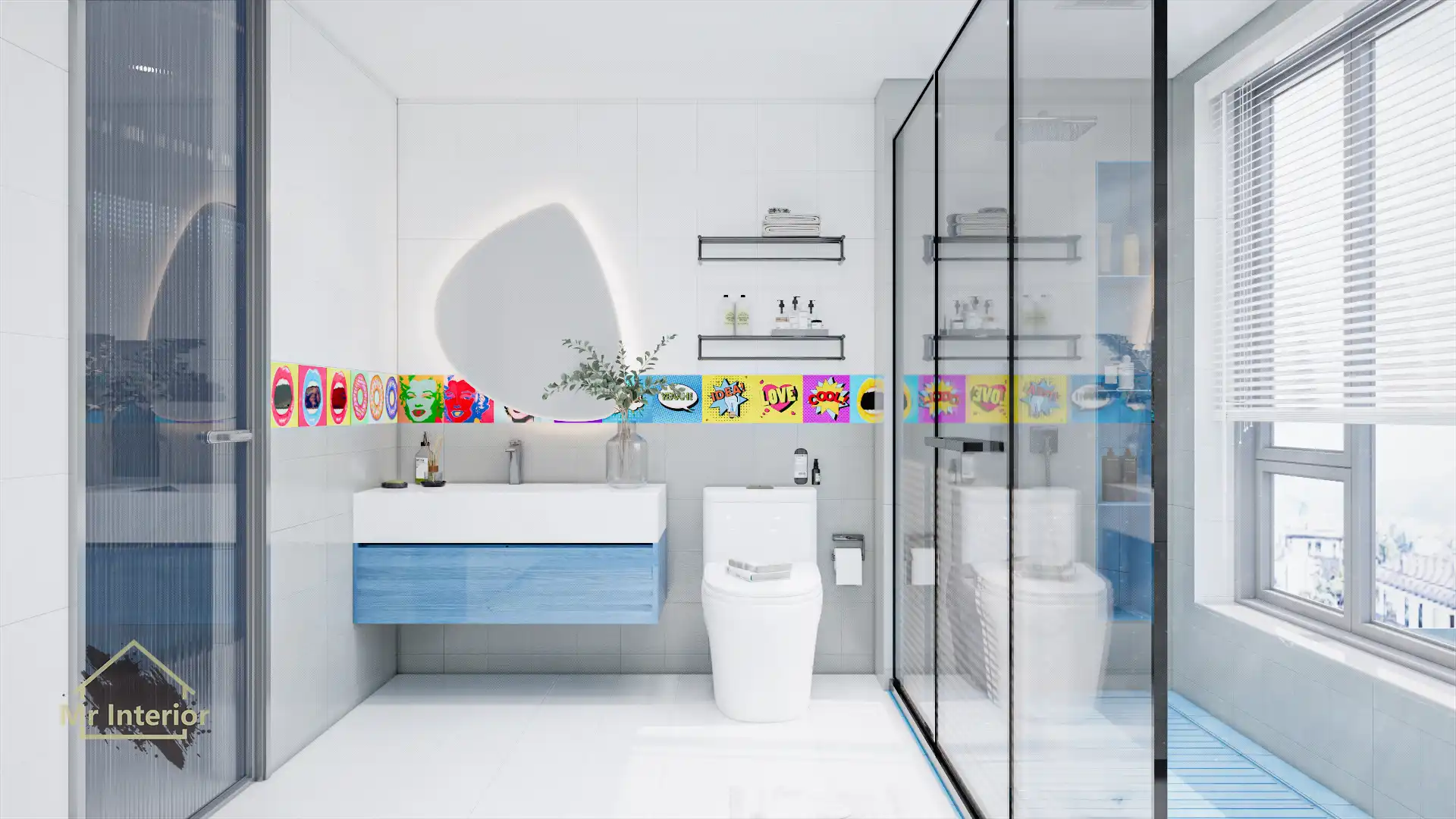 普普風設計風格浴室，白色主調，藍色點綴。浴室櫃，鏡櫃，企缸，馬桶。Mr Interior室內設計、裝修、傢俬風格。