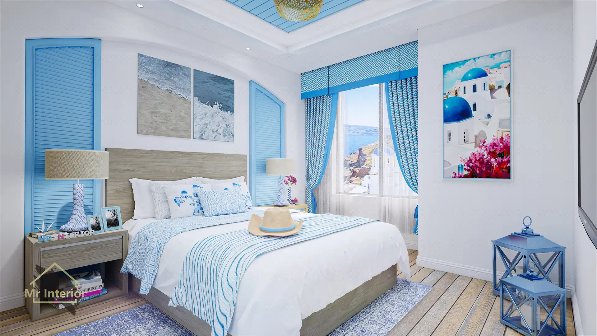 希臘風設計風格主人房，白色主調，愛琴海藍色點綴。床，特色牆，衣櫃，床頭櫃。Mr Interior室內設計、裝修、傢俬風格。