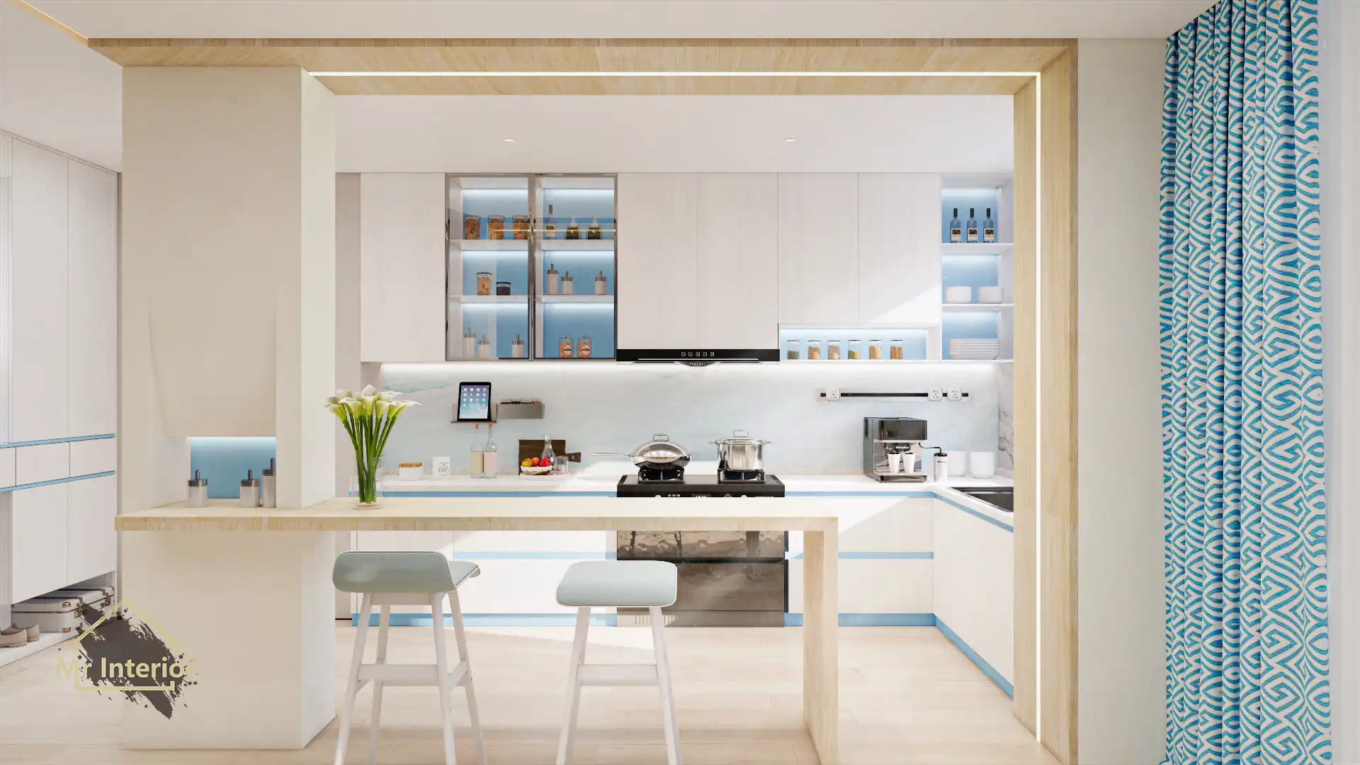 希臘風設計風格廚房，白色主調，愛琴海藍色點綴。廚櫃，地櫃，吊櫃，石面。Mr Interior室內設計、裝修、傢俬風格。