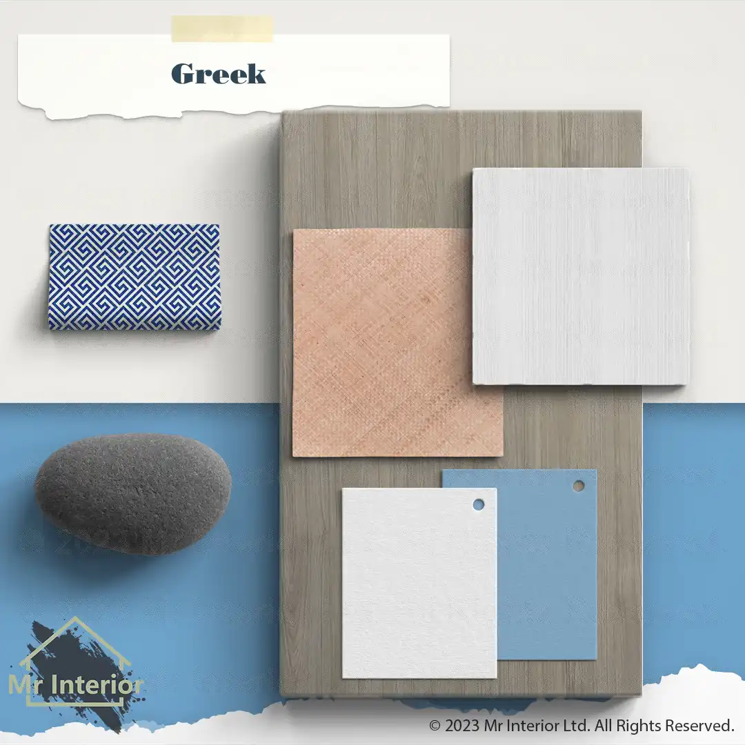 希臘風設計材料板:淺色木白色木，白色及愛琴海藍色塗料，石材，麻質，藤料。Mr Interior室內設計、裝修、傢俬風格。