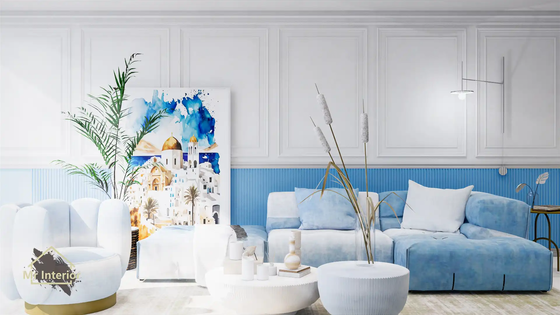 希臘風設計風格客廳，白色主調，愛琴海藍色點綴。特色牆，梳化，裝飾畫。Mr Interior室內設計、裝修、傢俬風格。