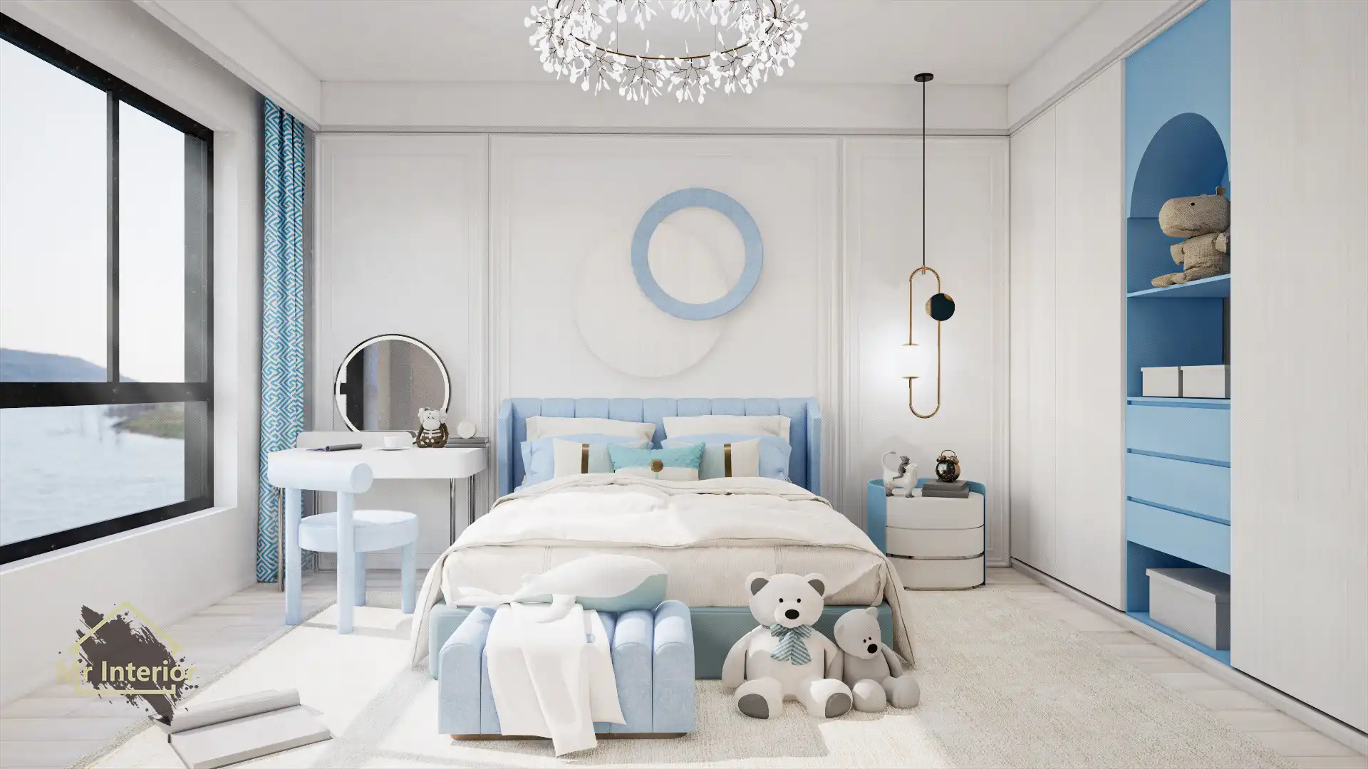 希臘風設計風格兒童房，白色主調，愛琴海藍色點綴。床，衣櫃，床頭櫃，書枱。Mr Interior室內設計、裝修、傢俬風格。