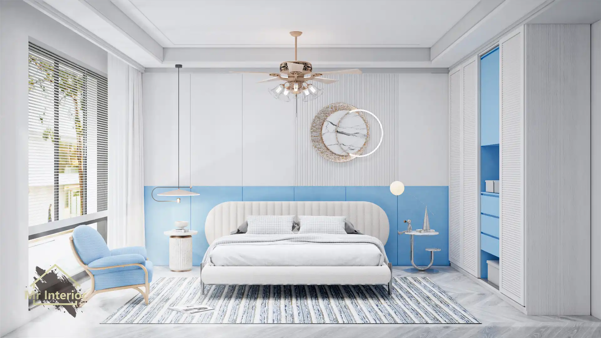 希臘風設計風格主人房，白色主調，愛琴海藍色點綴。雙人床，特色牆，衣櫃。Mr Interior室內設計、裝修、傢俬風格。