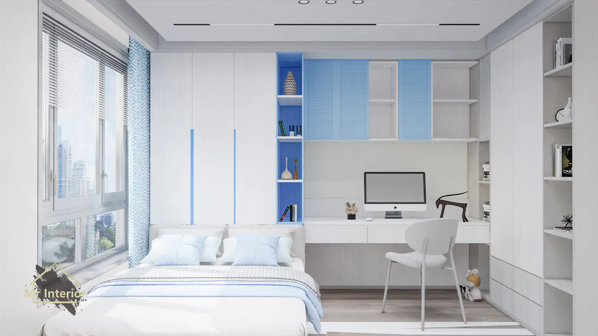 希臘風設計風格睡房，白色主調，愛琴海藍色點綴。床，書枱，衣櫃，書櫃。Mr Interior室內設計、裝修、傢俬風格。