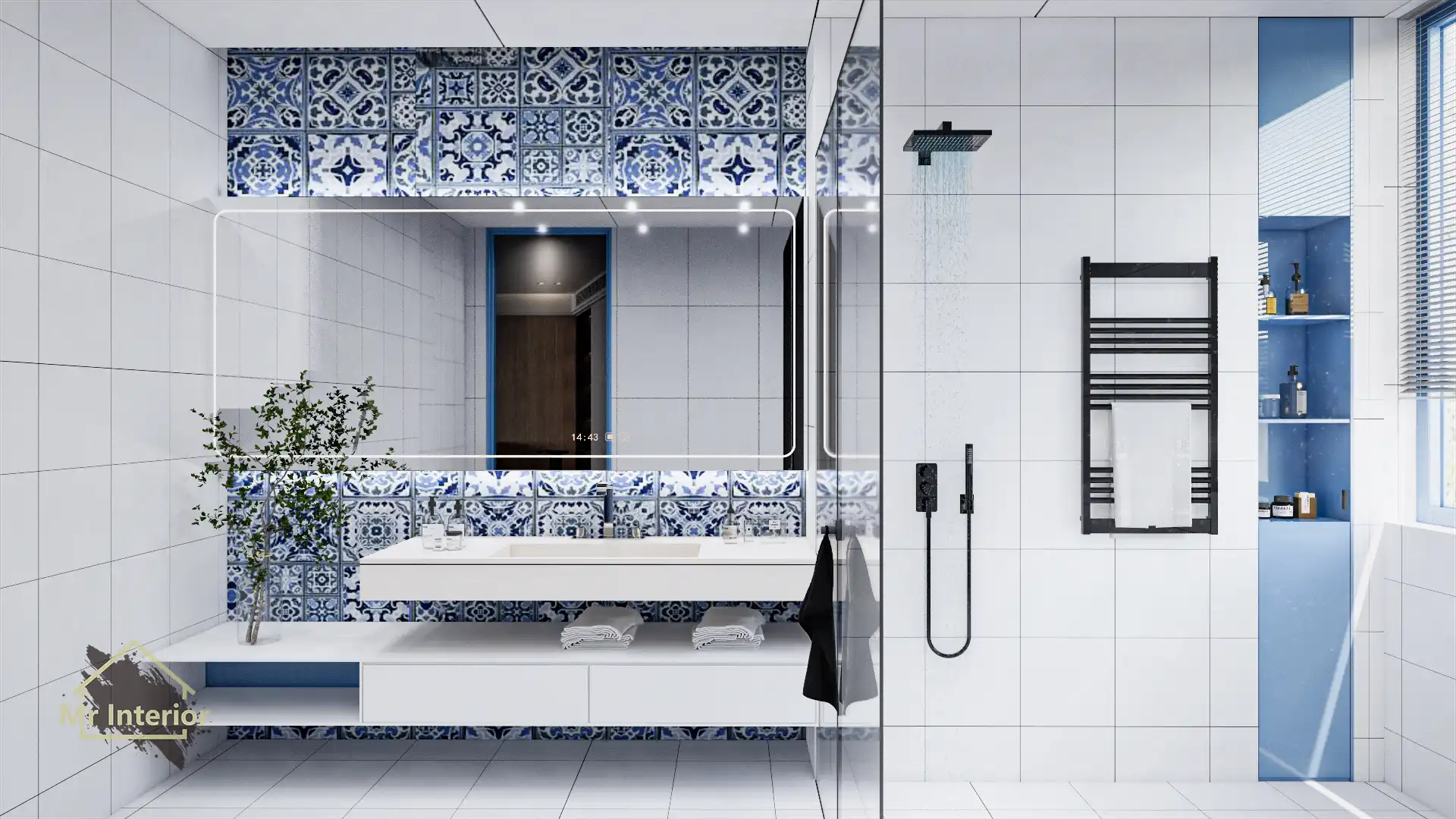 希臘風設計風格浴室，白色主調，愛琴海藍色點綴。浴室櫃，鏡櫃，企缸，馬桶。Mr Interior室內設計、裝修、傢俬風格。
