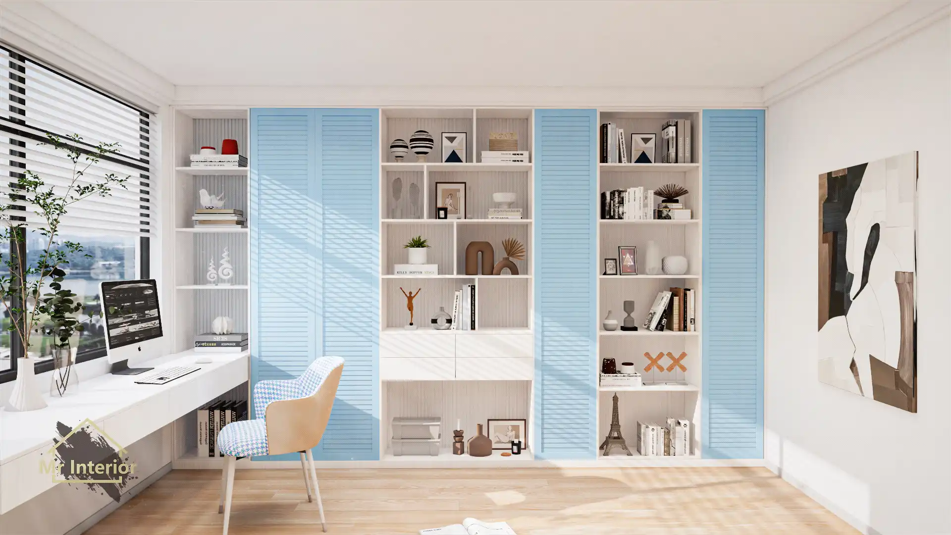 希臘風設計風格書房，白色主調，愛琴海藍色點綴。書櫃，書枱，組合櫃，書架。Mr Interior室內設計、裝修、傢俬風格。