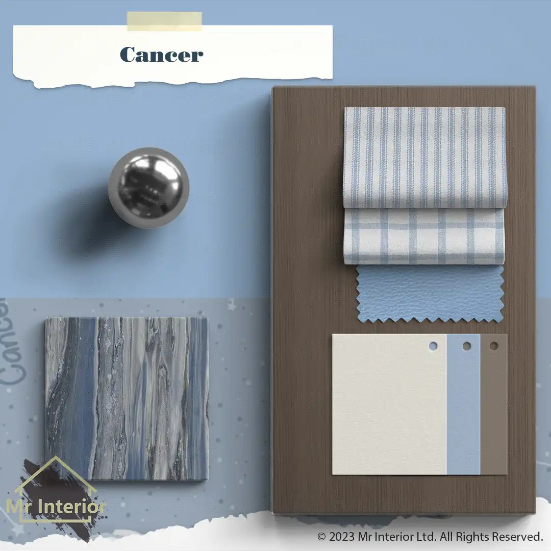 巨蟹座設計風格材料板:木板，米色海藍色啡色塗料，中性色調，金屬，布料皮料。Mr Interior室內設計、裝修、傢俬風格。