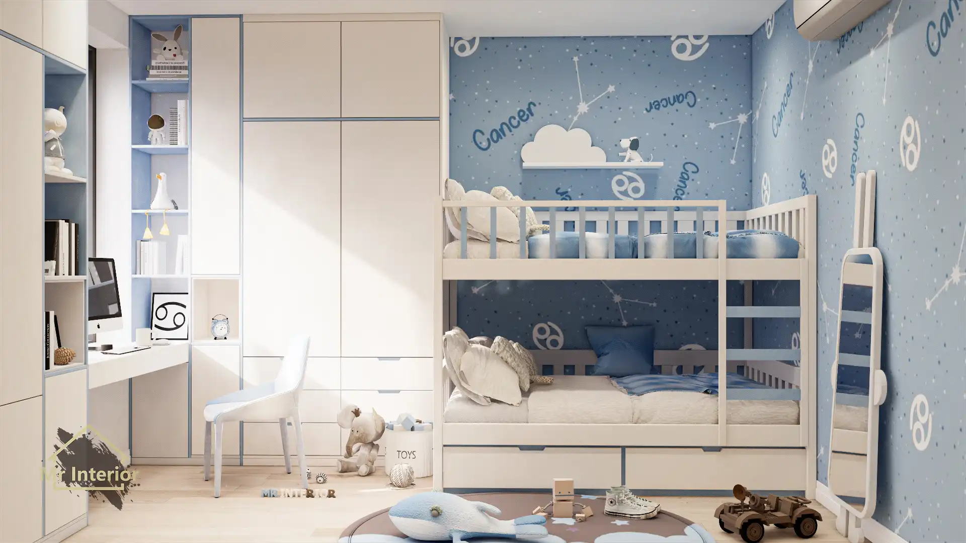 巨蟹座設計風格房間，米色主調，海藍色啡色點綴。組合床，特色牆，衣櫃，枱。Mr Interior室內設計、裝修、傢俬風格。