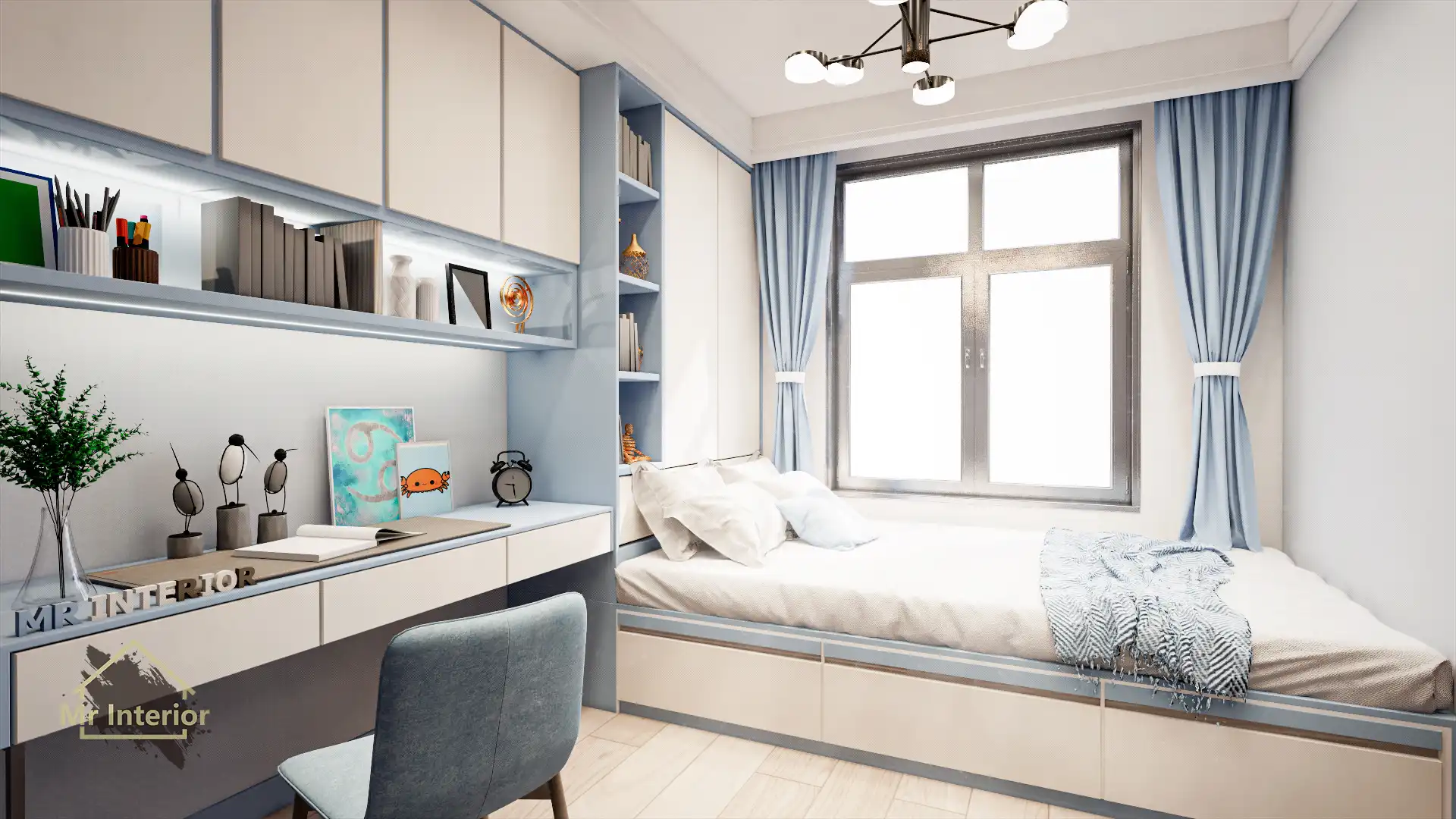巨蟹座設計風格房間，米色主調，海藍色啡色點綴。雙人床，特色牆，衣櫃。Mr Interior室內設計、裝修、傢俬風格。
