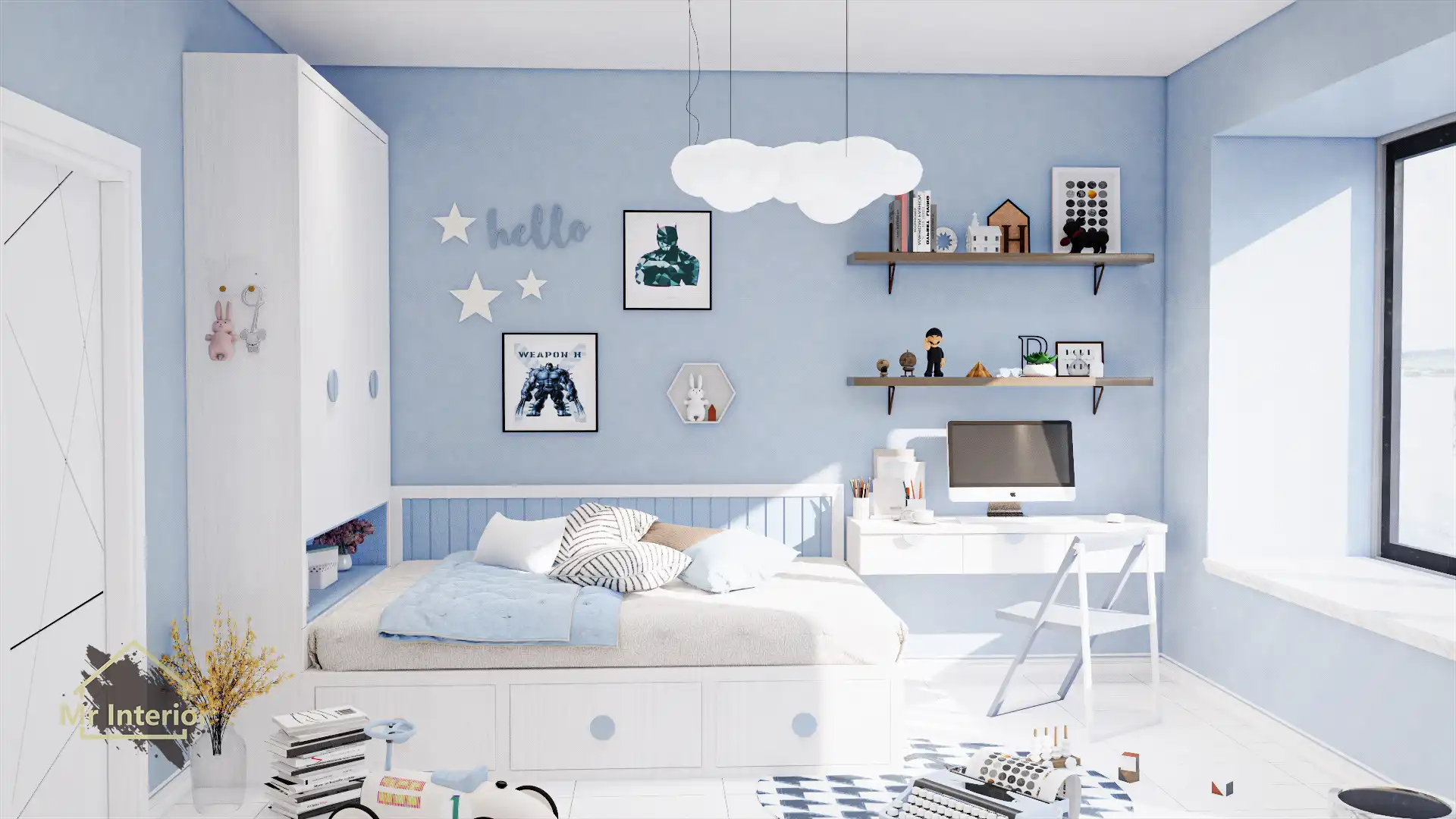 巨蟹座設計風格房間，海藍色主調，米色啡色點綴。雙人床，特色牆，衣櫃。Mr Interior室內設計、裝修、傢俬風格。