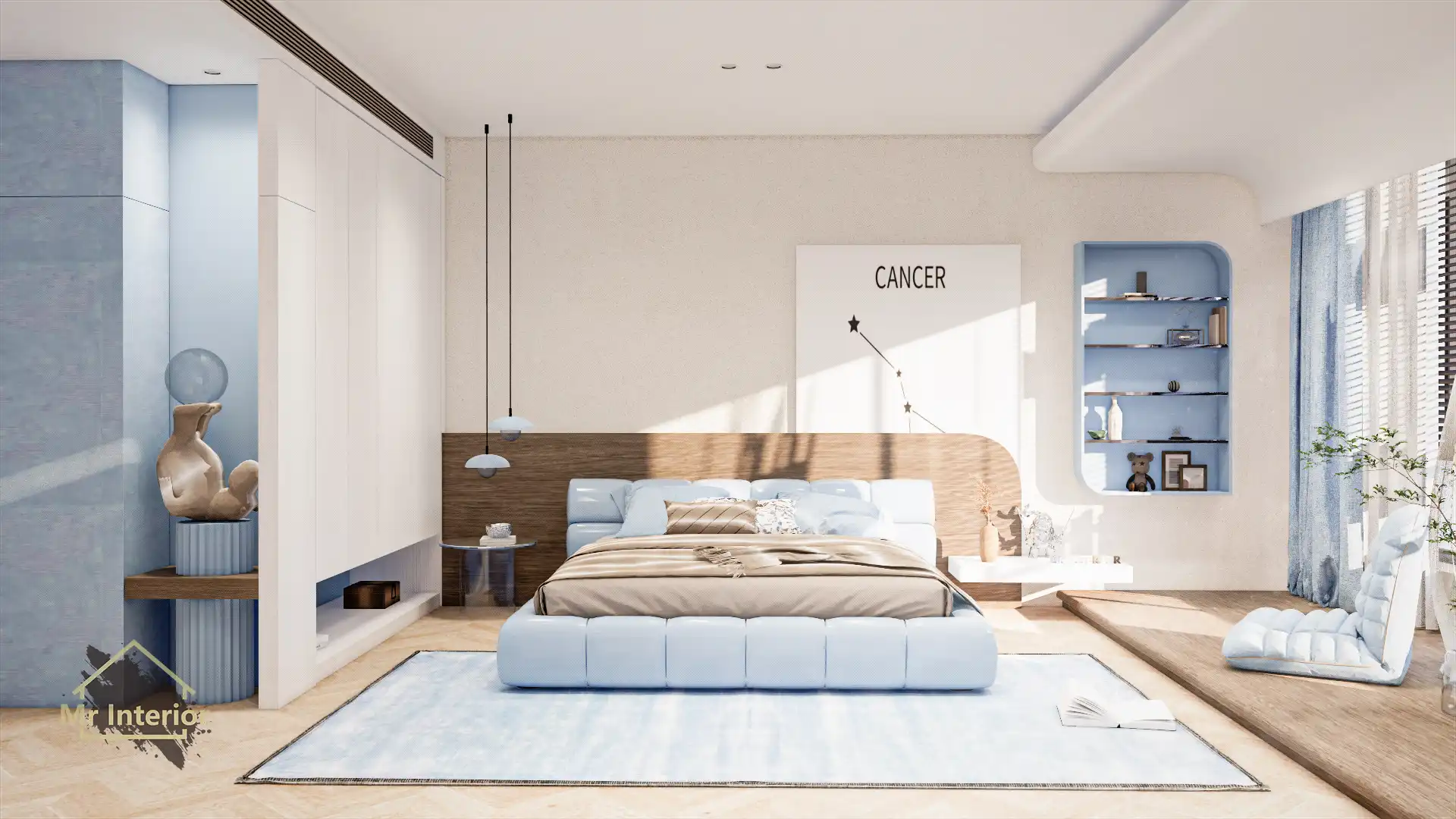 巨蟹座設計風格房間，米色主調，海藍色啡色點綴。雙人床，特色牆，衣櫃。Mr Interior室內設計、裝修、傢俬風格。