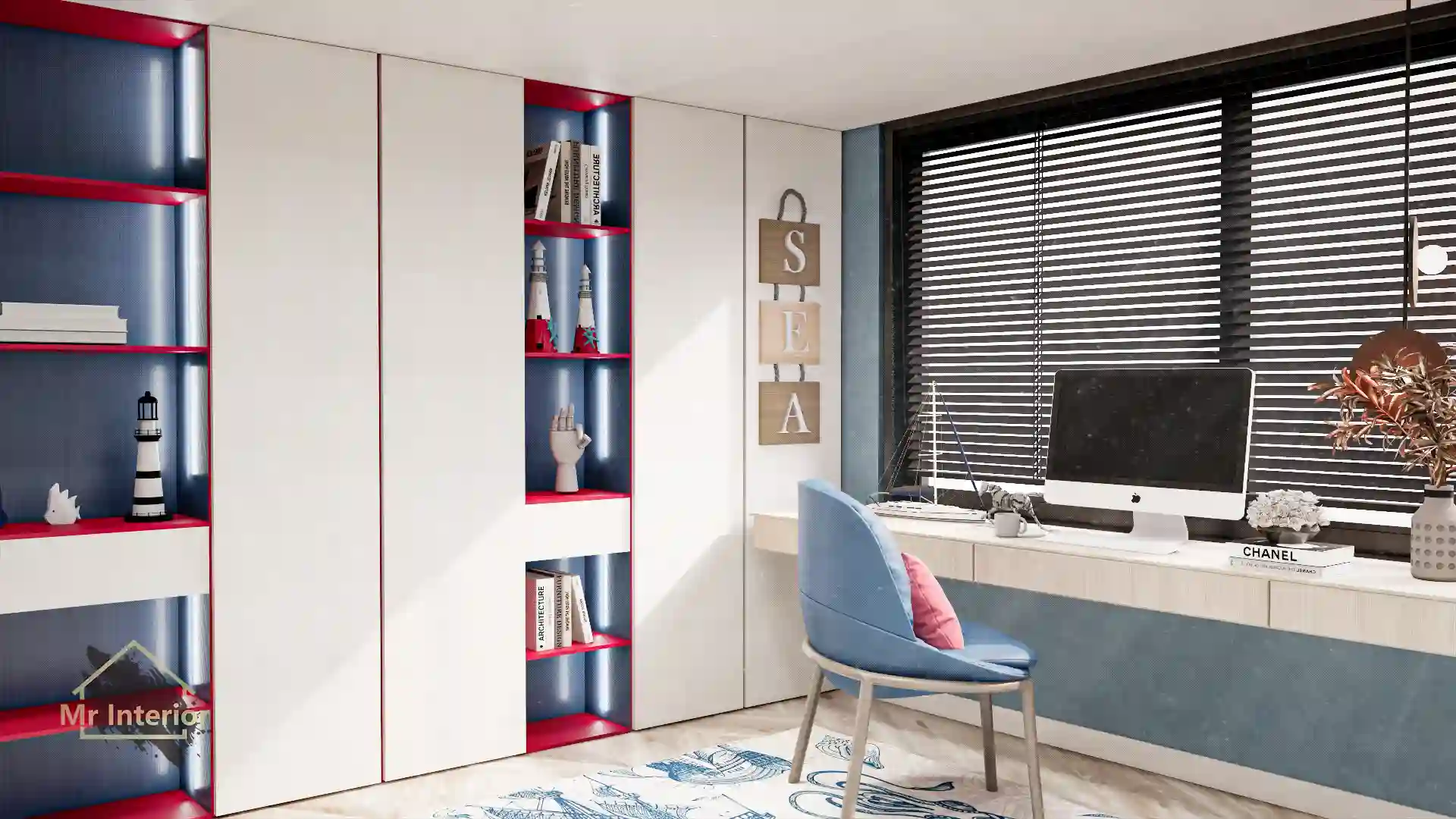 航海風設計風格書房，白色主調，海軍藍色木色點綴。書櫃，書枱，組合櫃。Mr Interior室內設計、裝修、傢俬風格。