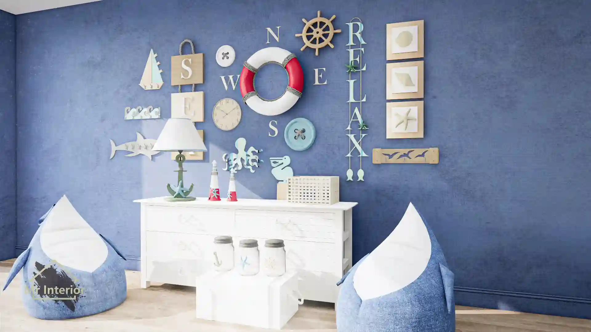 航海風設計風格客廳，白色主調，海軍藍色木色點綴。特色牆，櫃，地毯，裝飾。Mr Interior室內設計、裝修、傢俬風格。