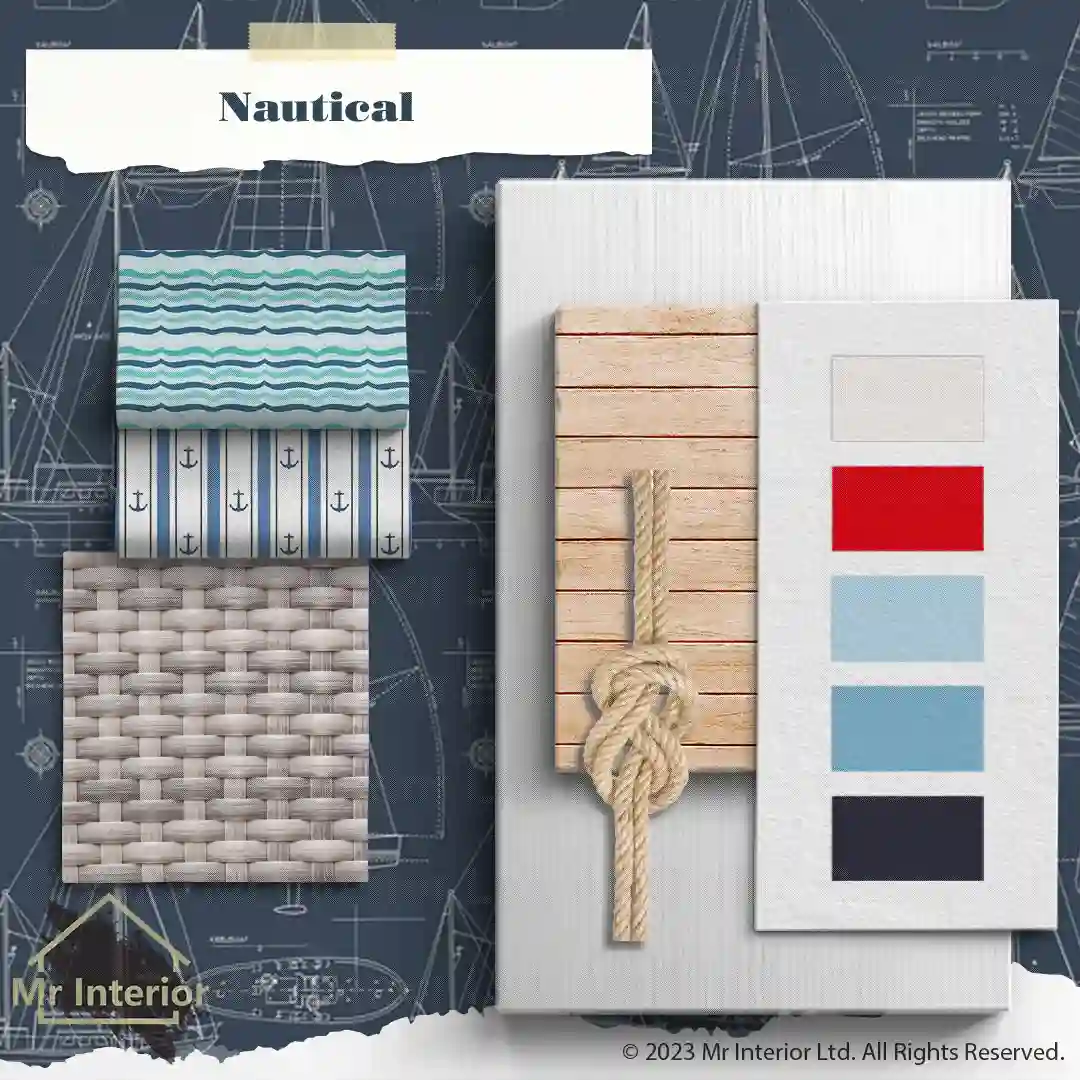 航海風設計風格材料板:木板，白色，海軍藍色紅色塗料，金屬，布料皮料。Mr Interior室內設計、裝修、傢俬風格。