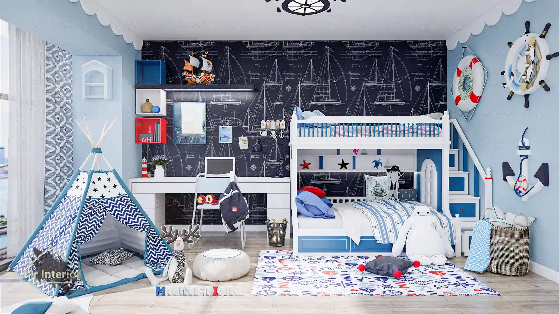 小暑-航海風設計風格兒童房，白色主調，海軍藍色點綴。兒童床，衣櫃，書枱。Mr Interior室內設計、裝修、傢俬風格。