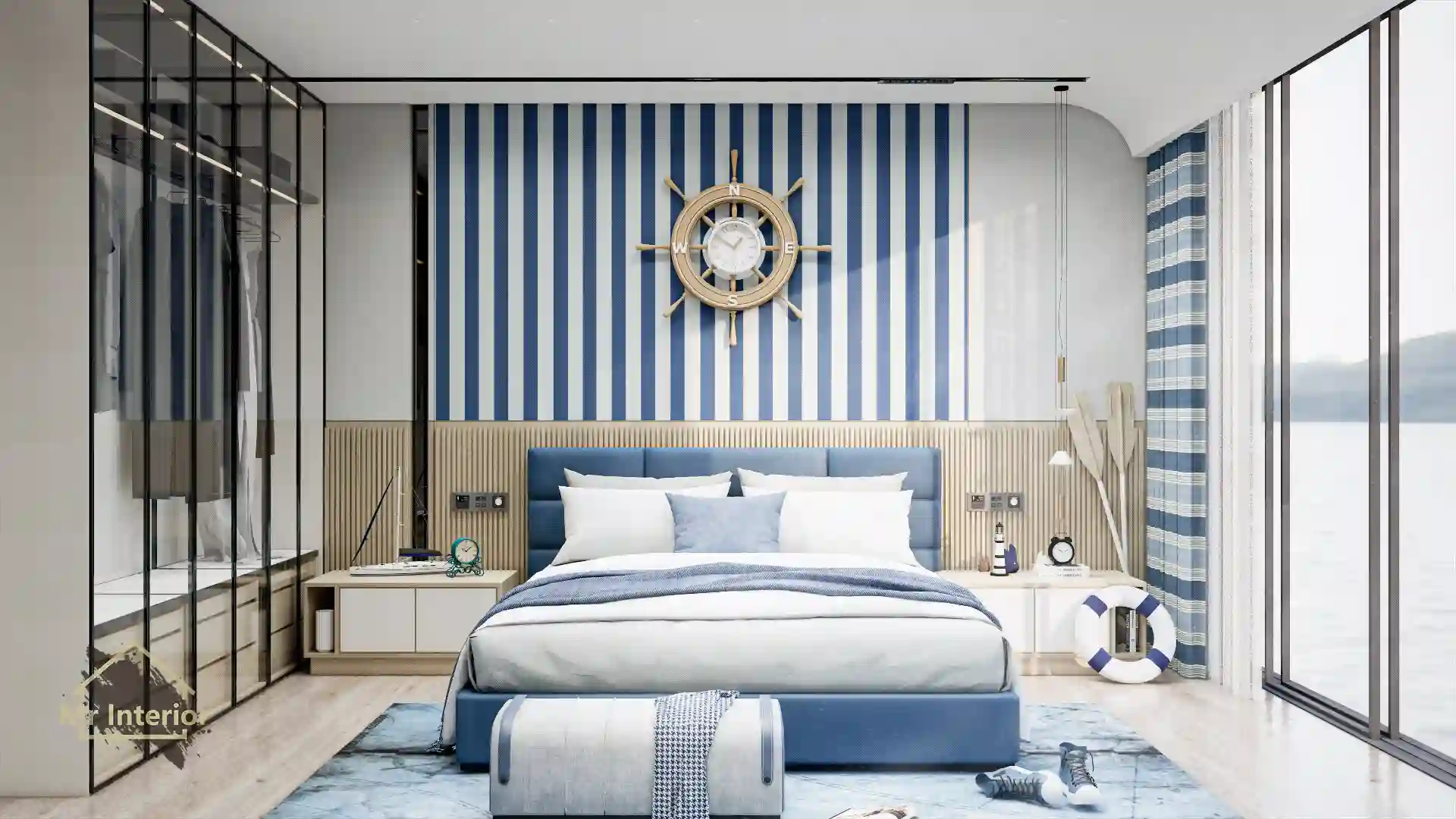 航海風設計風格房間，白色主調，海軍藍色木色點綴。床，特色牆，櫃。Mr Interior室內設計、裝修、傢俬風格。