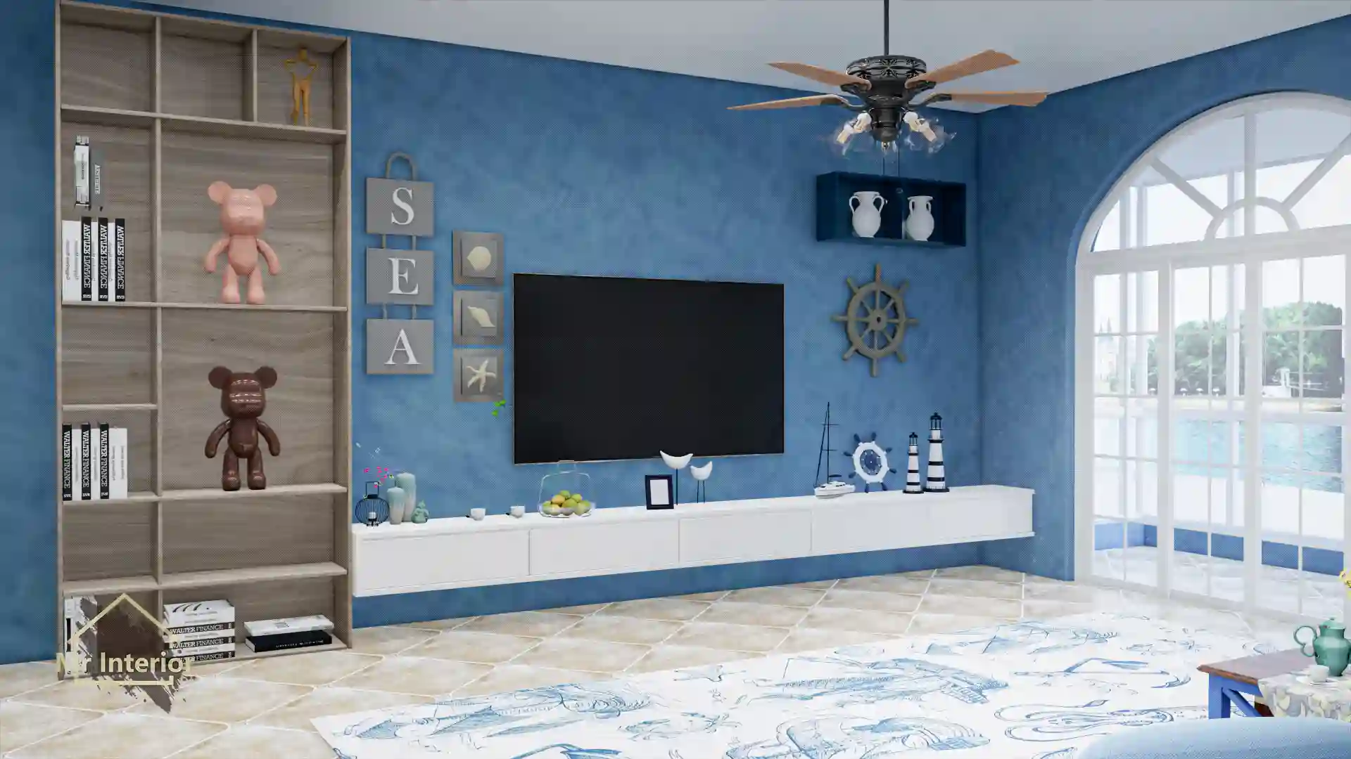 航海風設計風格客廳，白色主調，海軍藍色木色點綴。電視櫃，特色牆，書櫃。Mr Interior室內設計、裝修、傢俬風格。