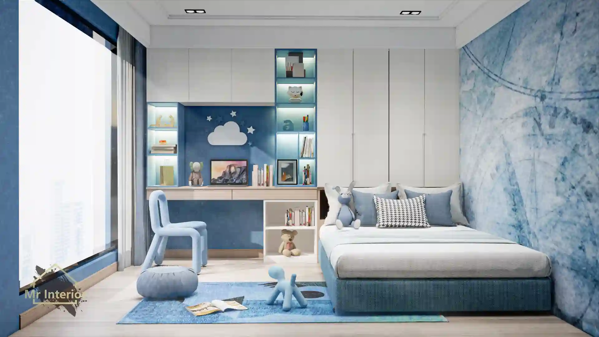 航海風設計風格睡房，白色主調，海軍藍色木色點綴。床，書枱，衣櫃，書櫃。Mr Interior室內設計、裝修、傢俬風格。
