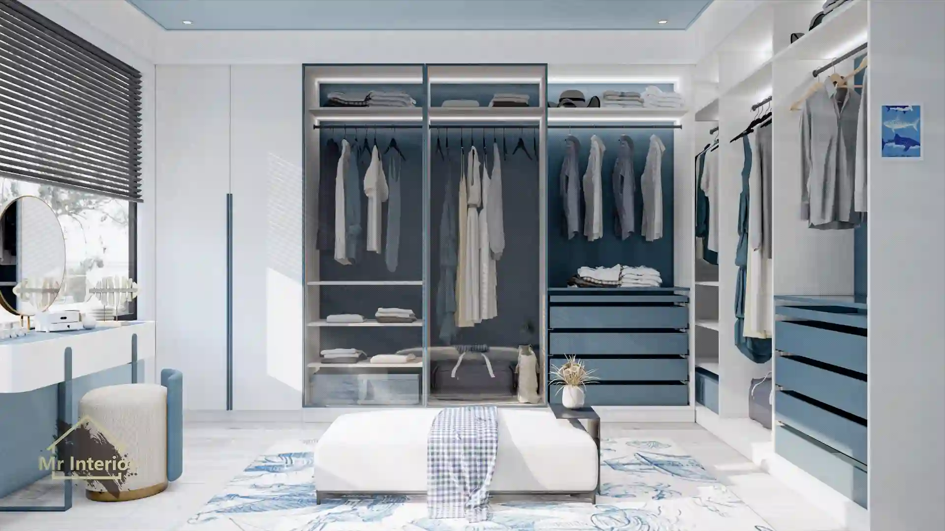 航海風設計風格衣帽間，白色主調，海軍藍色木色點綴。衣櫃，櫃桶，椅子。Mr Interior室內設計、裝修、傢俬風格。