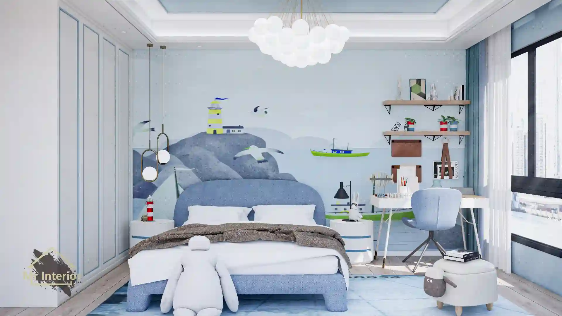 航海風設計風格兒童房，白色主調，海軍藍色木色點綴。床，衣櫃，書枱，櫃桶。Mr Interior室內設計、裝修、傢俬風格。