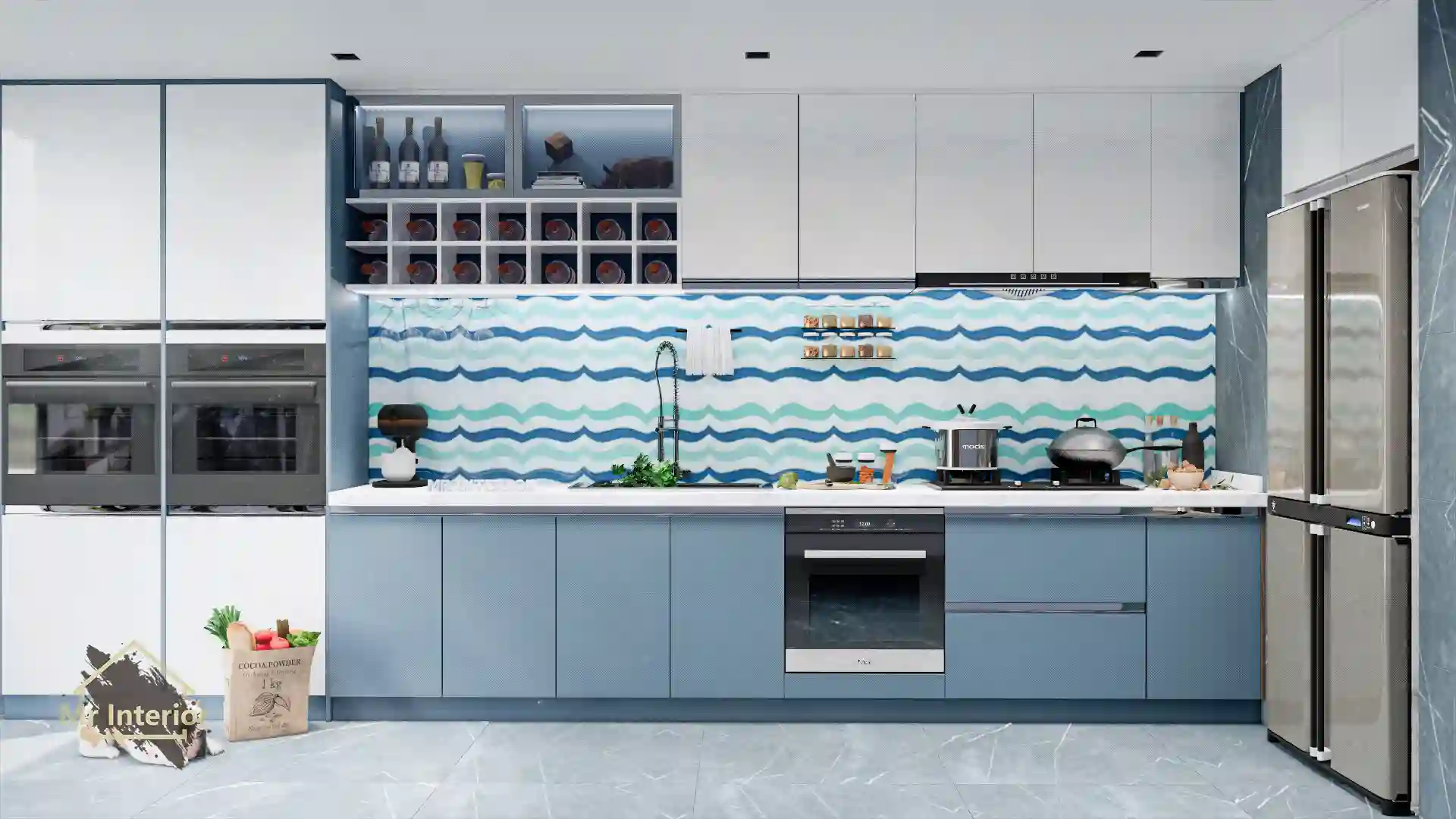 航海風設計風格廚房，白色主調，海軍藍色木色點綴。廚櫃，地櫃，吊櫃，石面。Mr Interior室內設計、裝修、傢俬風格。