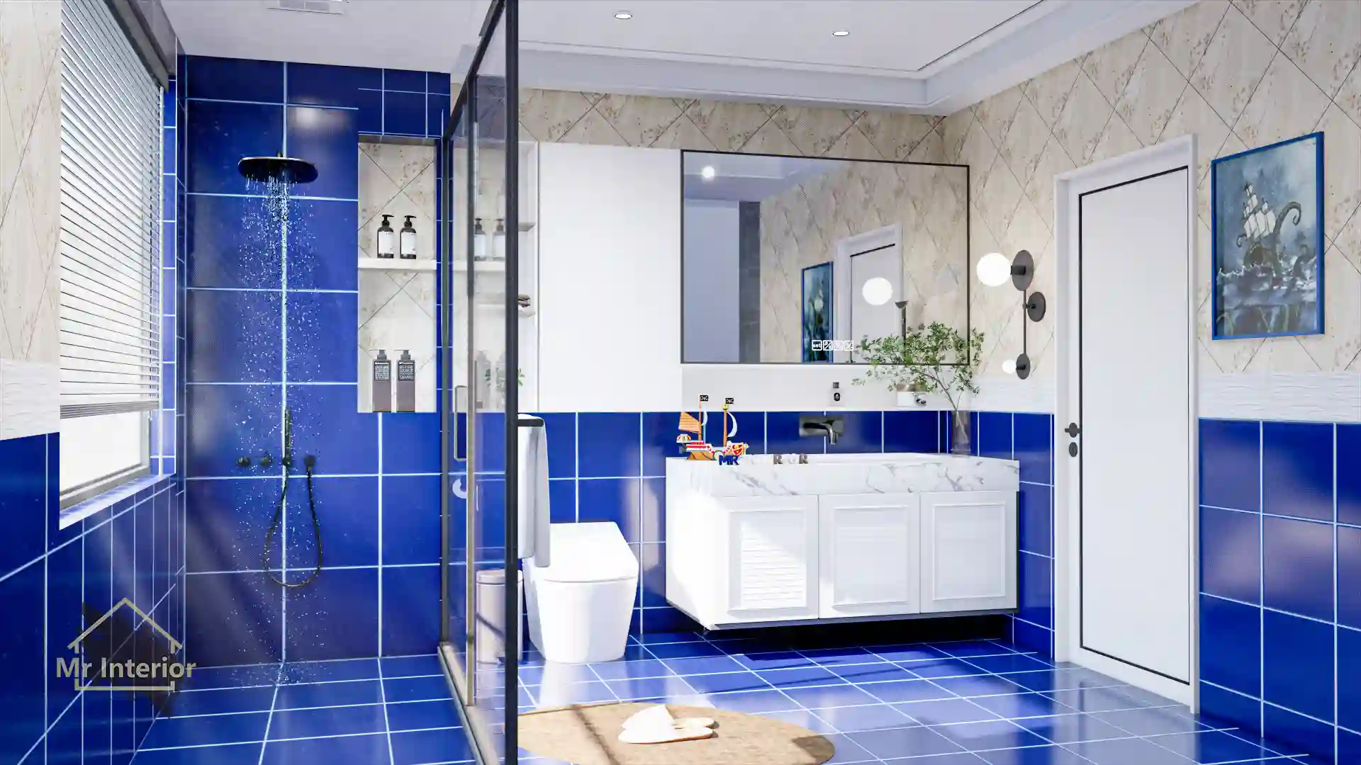 航海風設計風格浴室，白色主調，海軍藍色木色點綴。浴室櫃，鏡櫃，企缸。Mr Interior室內設計、裝修、傢俬風格。