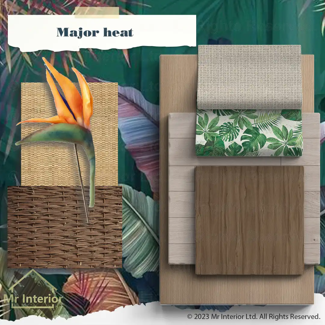 大暑-熱帶風設計材料板:天然木材，藤編，棉麻布料，石材，木板，牆畫Mr Interior室內設計、裝修、傢俬風格。