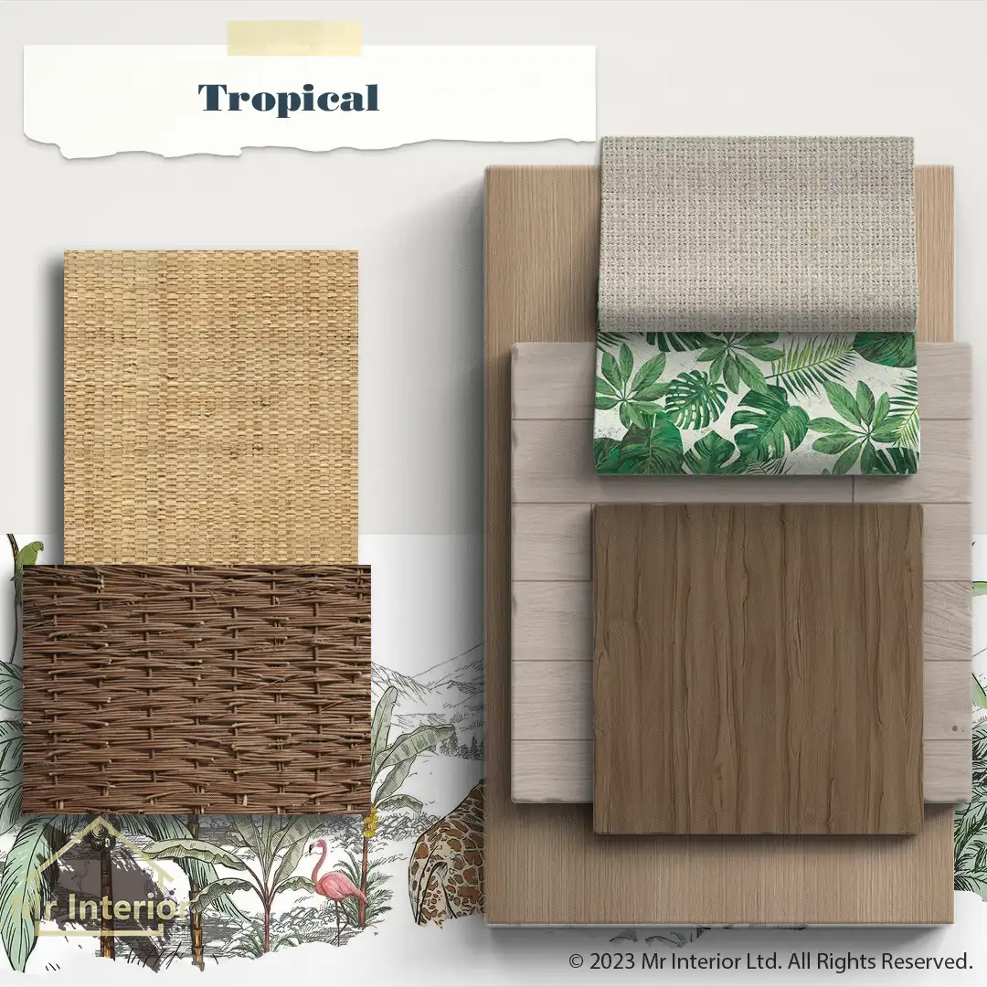 熱帶風設計材料板:天然木材，藤編，棉麻布料，石材，木板，牆畫Mr Interior室內設計、裝修、傢俬風格。