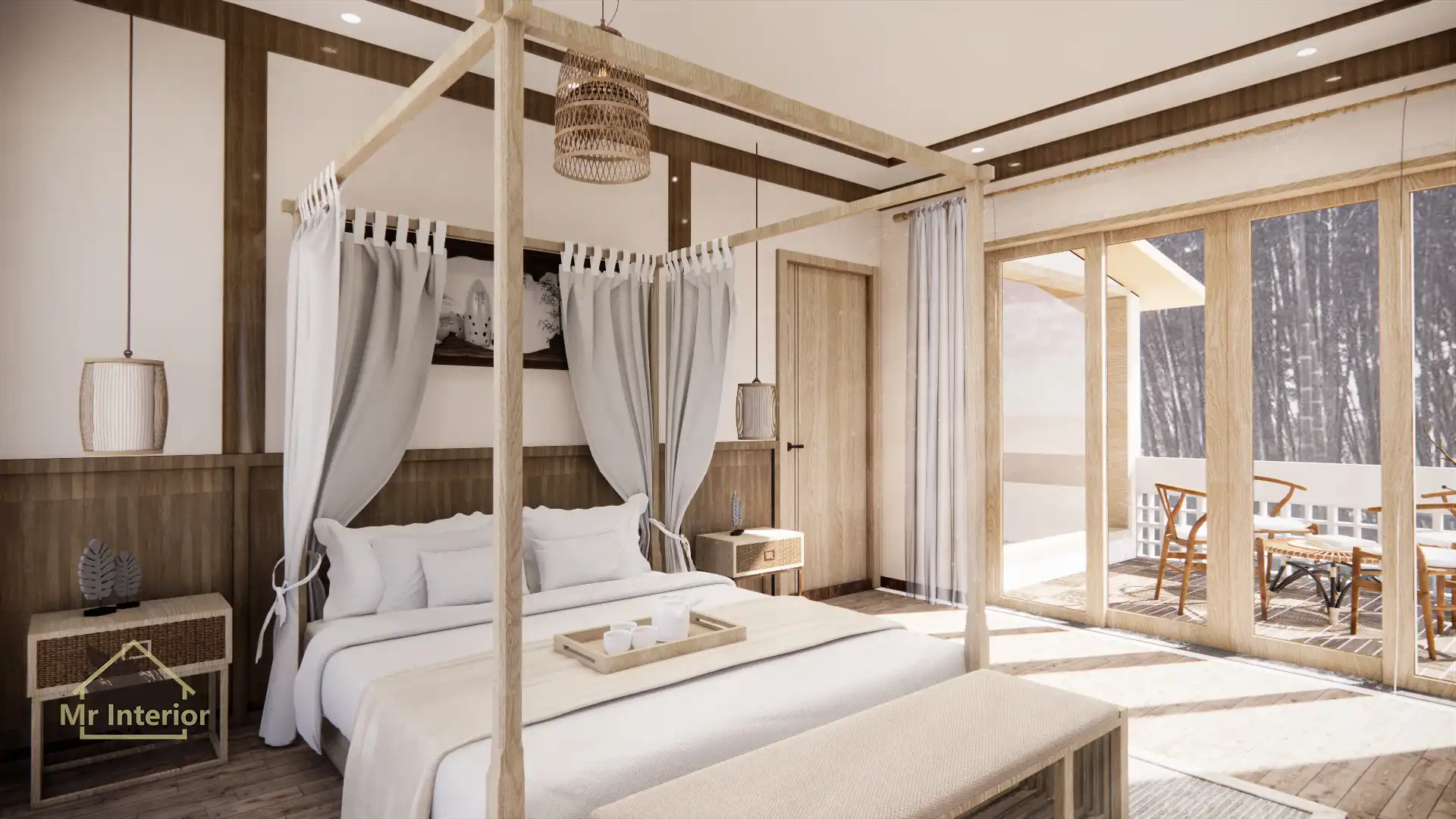 熱帶風設計風格主人房，白色主調，天然木材點綴。雙人床，特色牆，床頭櫃。Mr Interior室內設計、裝修、傢俬風格。