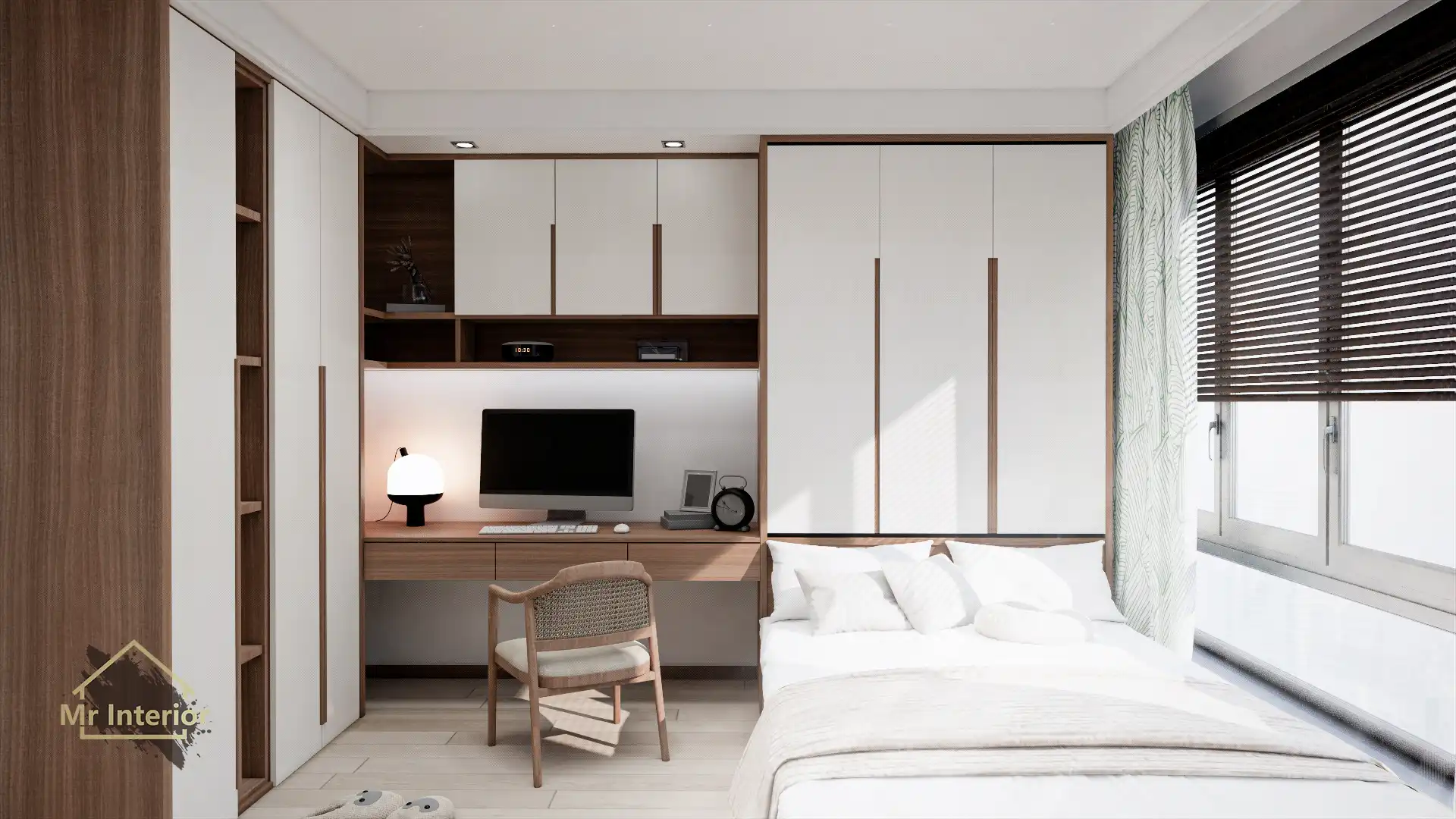 熱帶風設計風格睡房，白色主調，天然木材點綴。雙人床，書枱，衣櫃，書櫃。Mr Interior室內設計、裝修、傢俬風格。