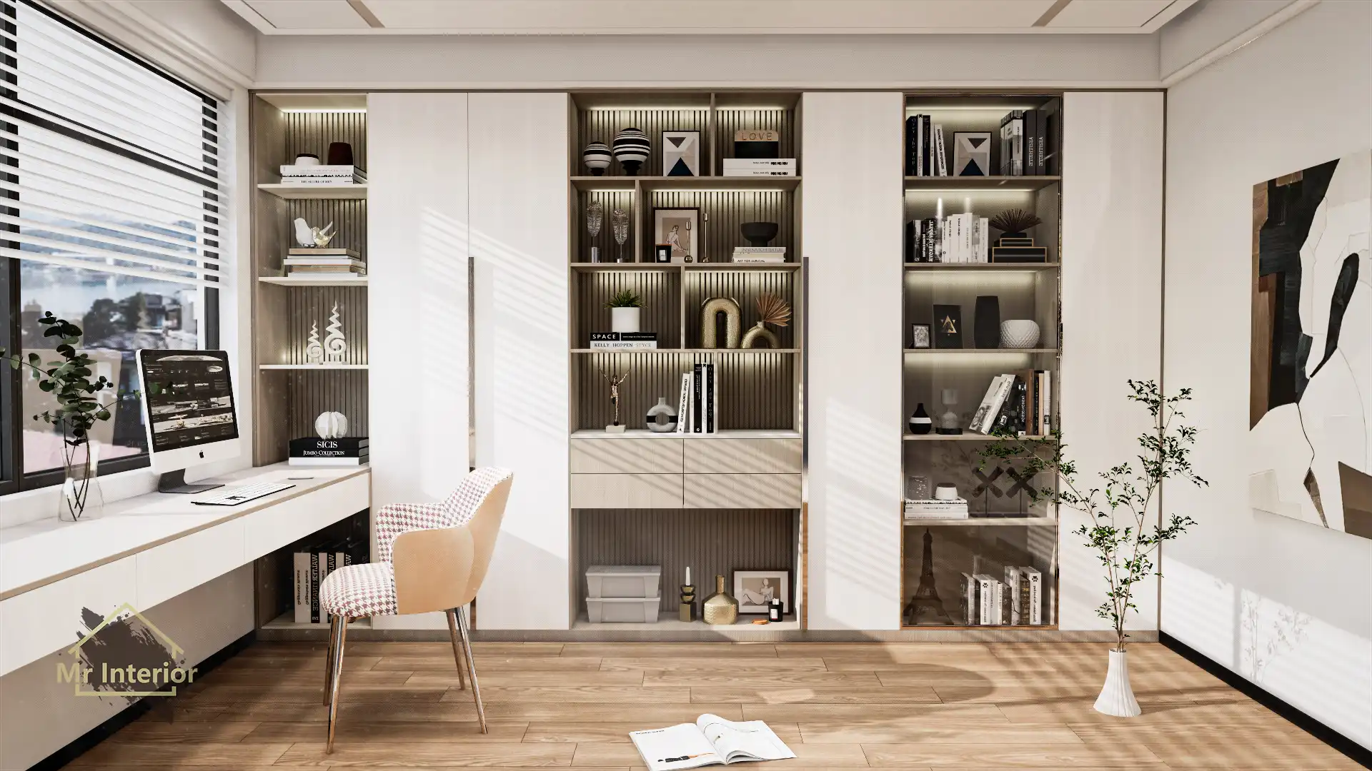 輕奢風設計風格書房，白色主調，天然木材點綴。書櫃，書枱，組合櫃，書架。Mr Interior室內設計、裝修、傢俬風格。